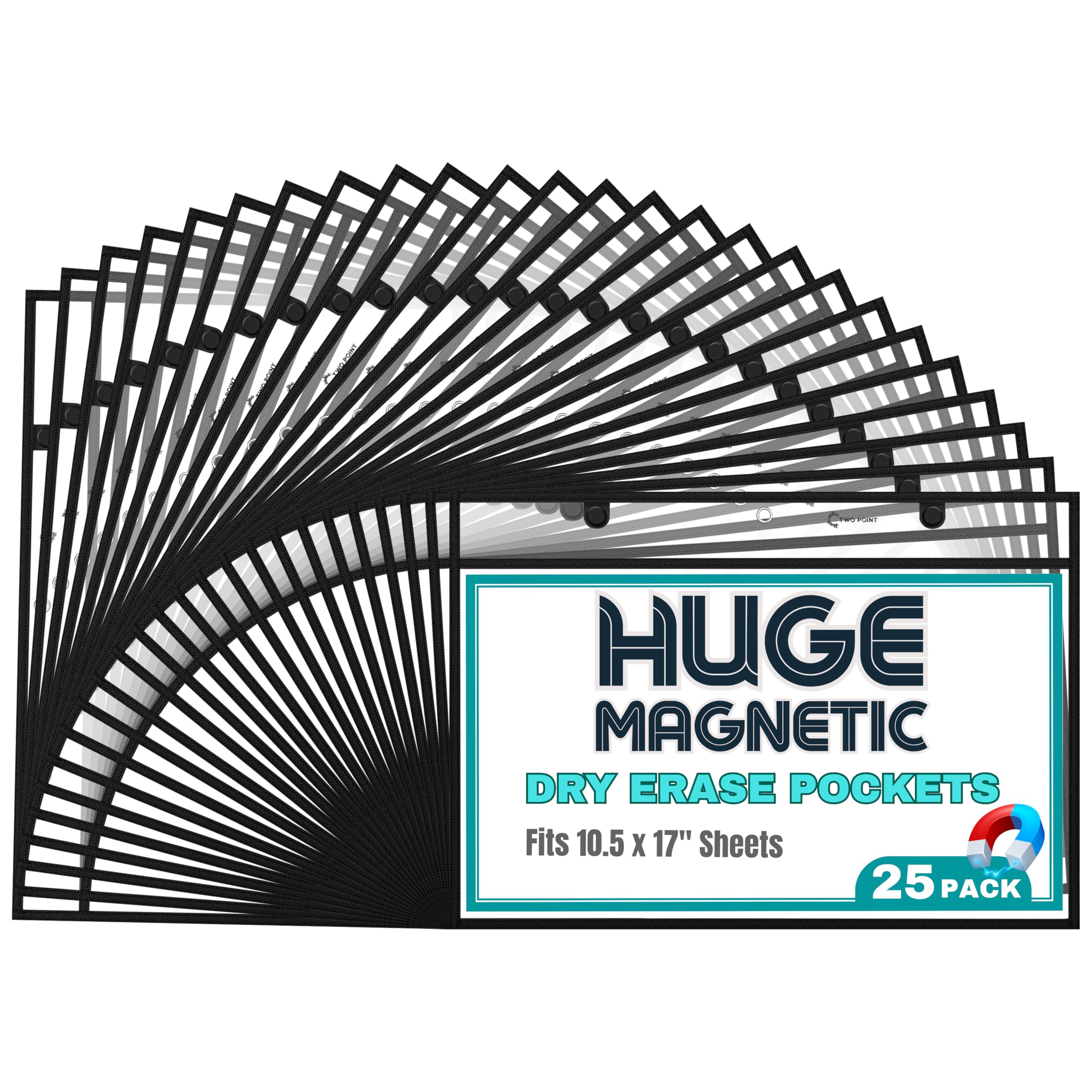 Huge Magnetic Dry Erase Pockets by Two Point (25-Pack) - Landscape - Fits 10.5 x 17 inch Pages, Black Dry Erase Sleeves, Job Shop Ticket Holders,