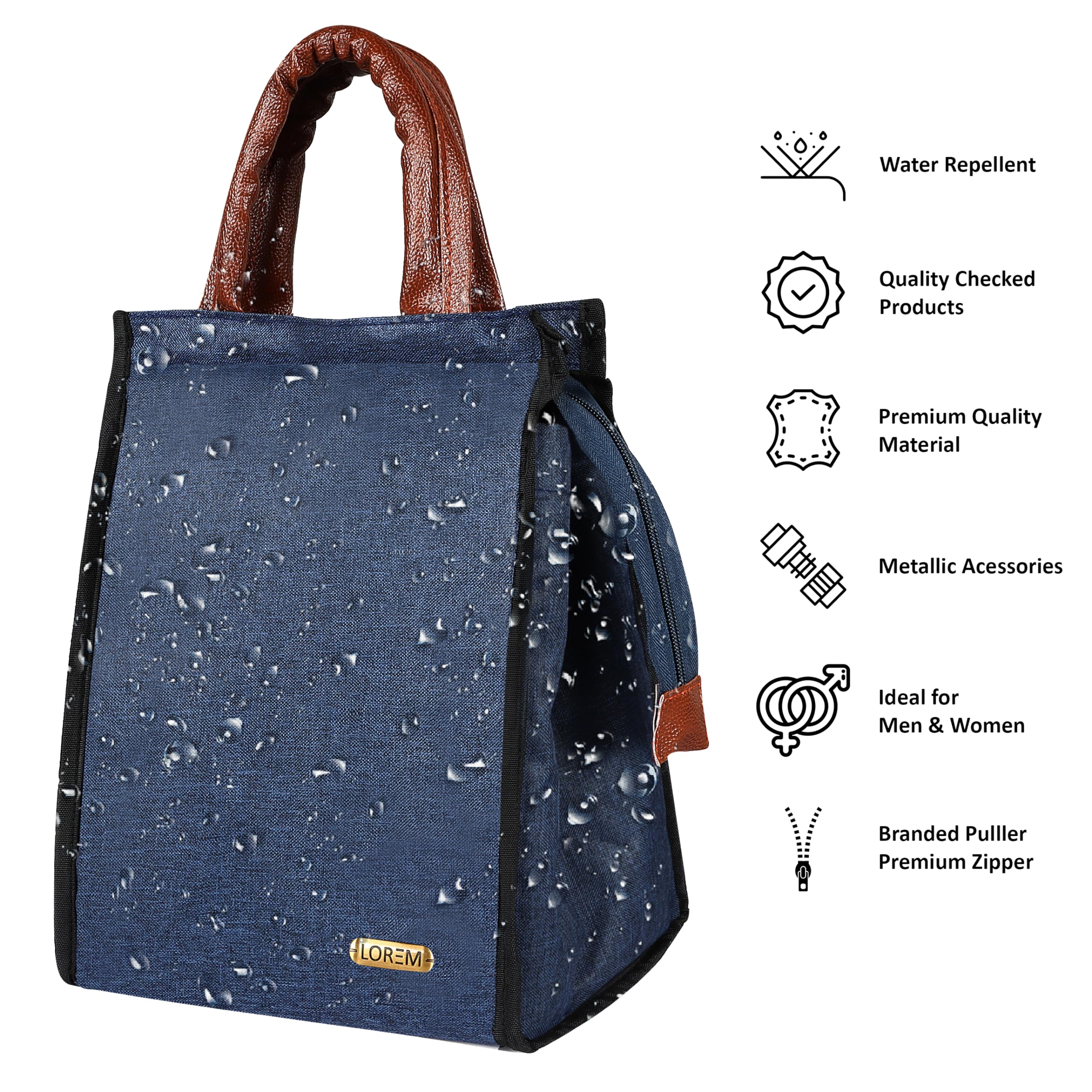 LOREM Faux Leather Black Color Insulated Lunch Tote with Zipper Closure & Handle, Waterproof Reusable Lunch Bag for School, Office, Camping, Outdoor Activities (Blue), 11 Litre 2