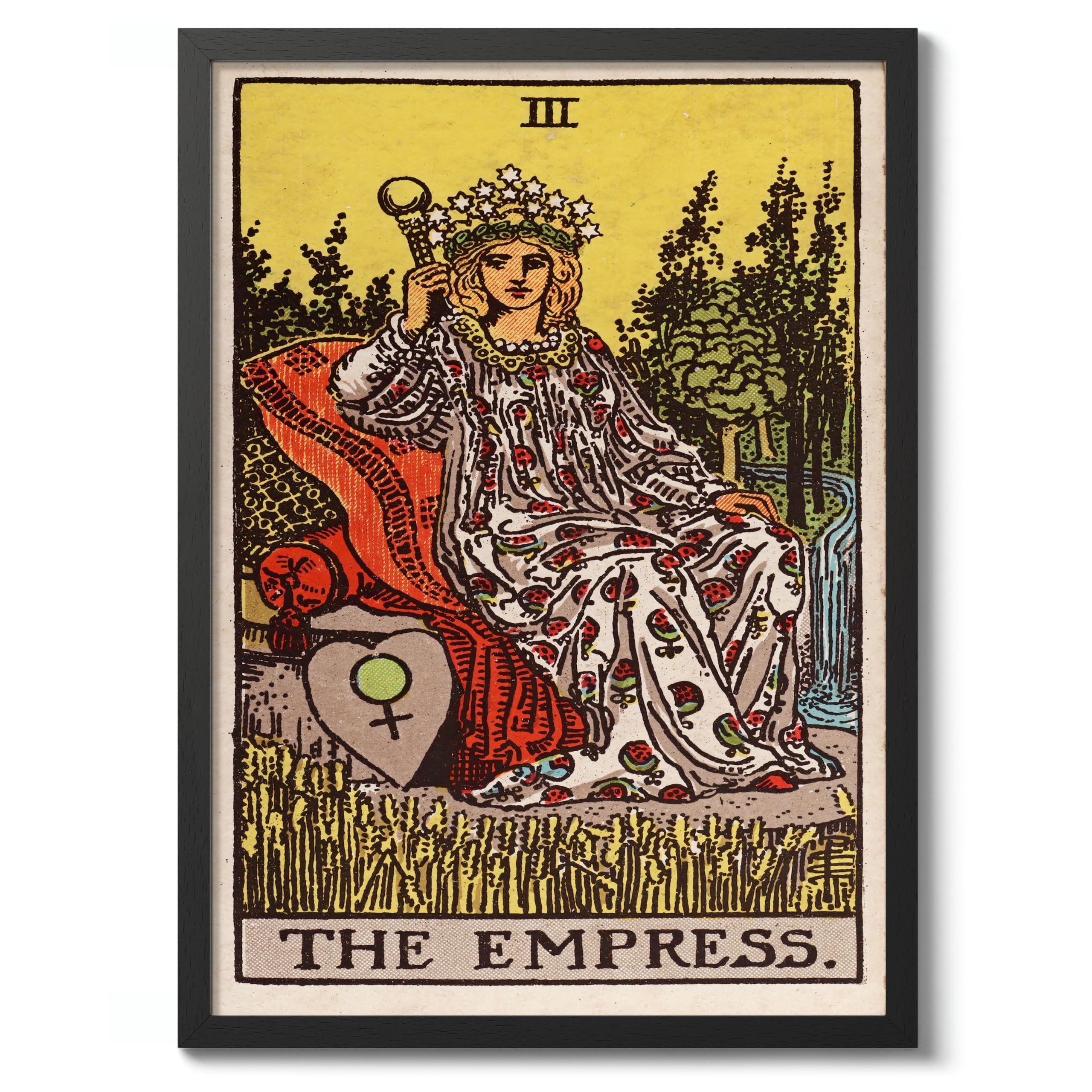 Animato The Empress Vintage Tarot Art Print, Spiritual Wall Art Poster, Retro Mystical Bedroom Home Decor, 50x70cm (Black Frame) - 53x73cm