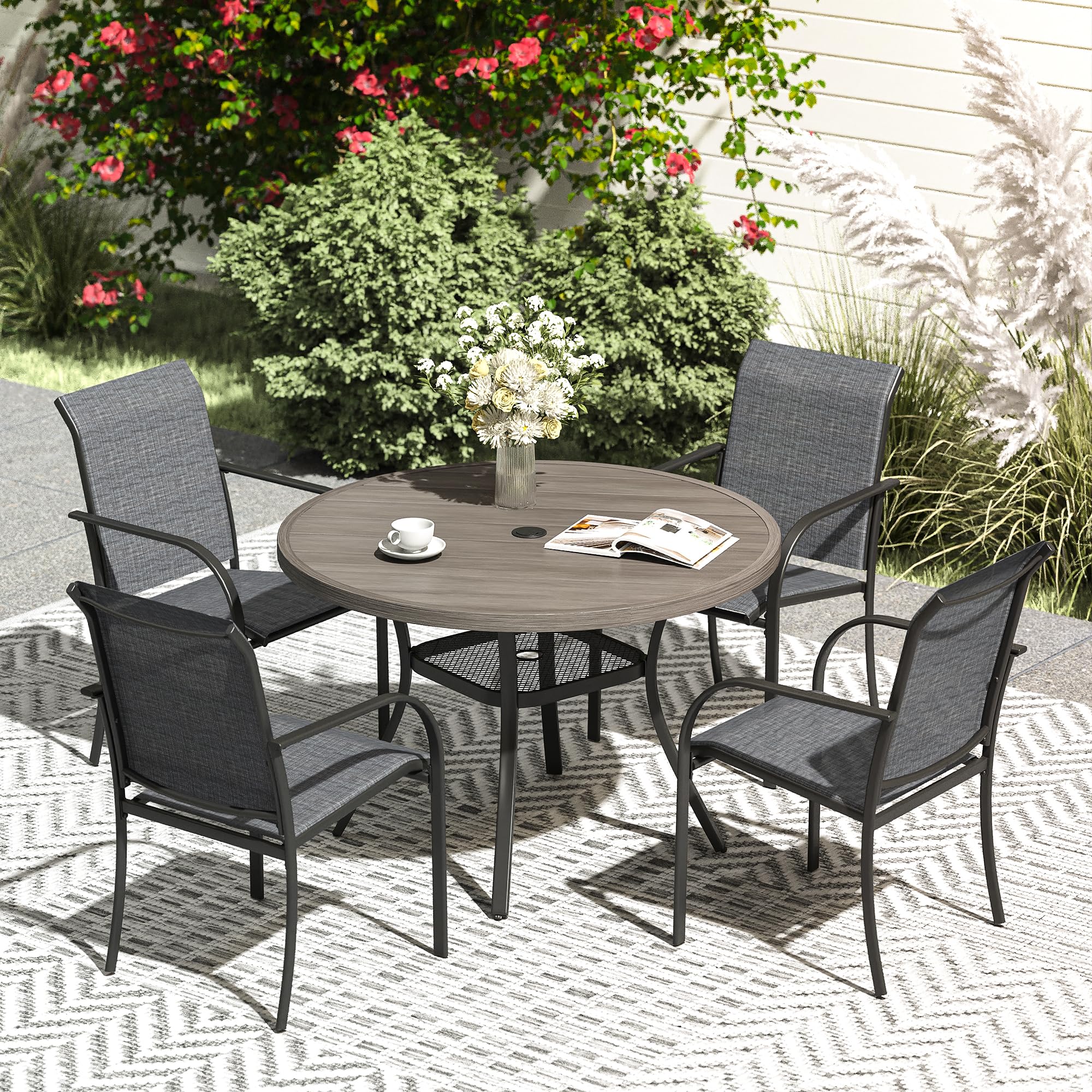 VICLLAX 5 Pieces Patio Dining Set, Outdoor Furniture Set Includes 41.2" Round Patio Table and 4 Patio Sling Chairs, Grey Wood-Like Tabletop and Dark Grey Fabric