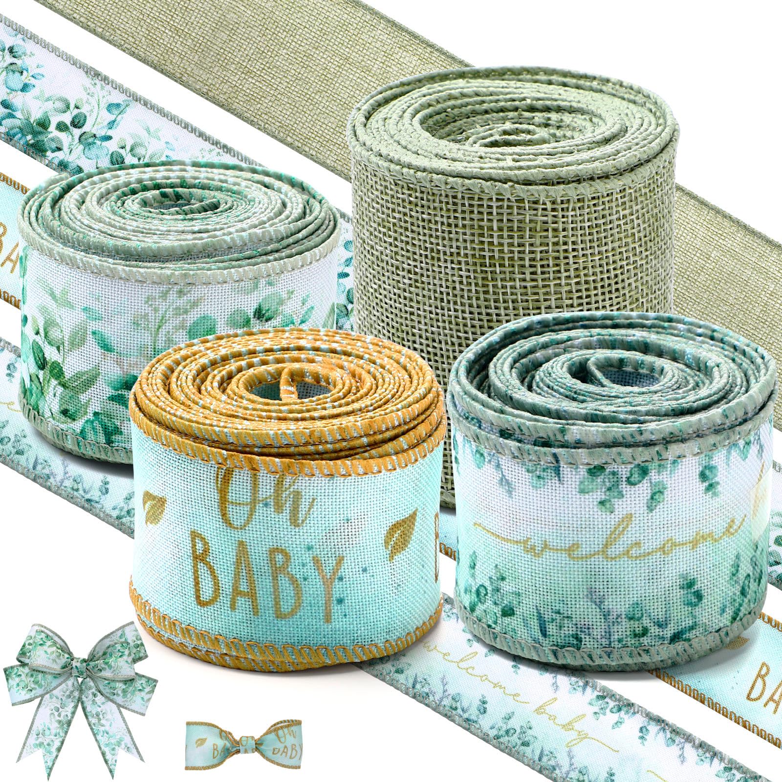 Waydress 4 Rolls Green Oh Baby Theme Ribbon 2.5 Inch Wired Baby Shower Ribbon for Diaper Cake Wreaths Bows Gift Wrapping DIY Crafts Girl Baby Shower