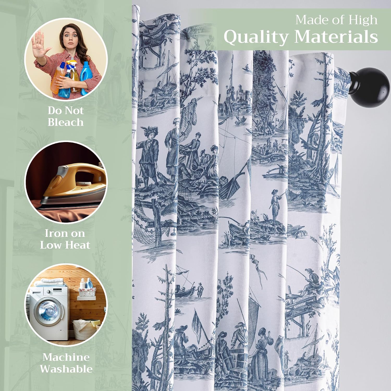 Maison d' Hermine Curtains for Living Room 100% Cotton 84 inch Length One Panel Light Filtering Toile Curtains for Bedroom with Rod and Loop Pockets (Calais Blue (White Background), 50" W x 84" L) thumbnail