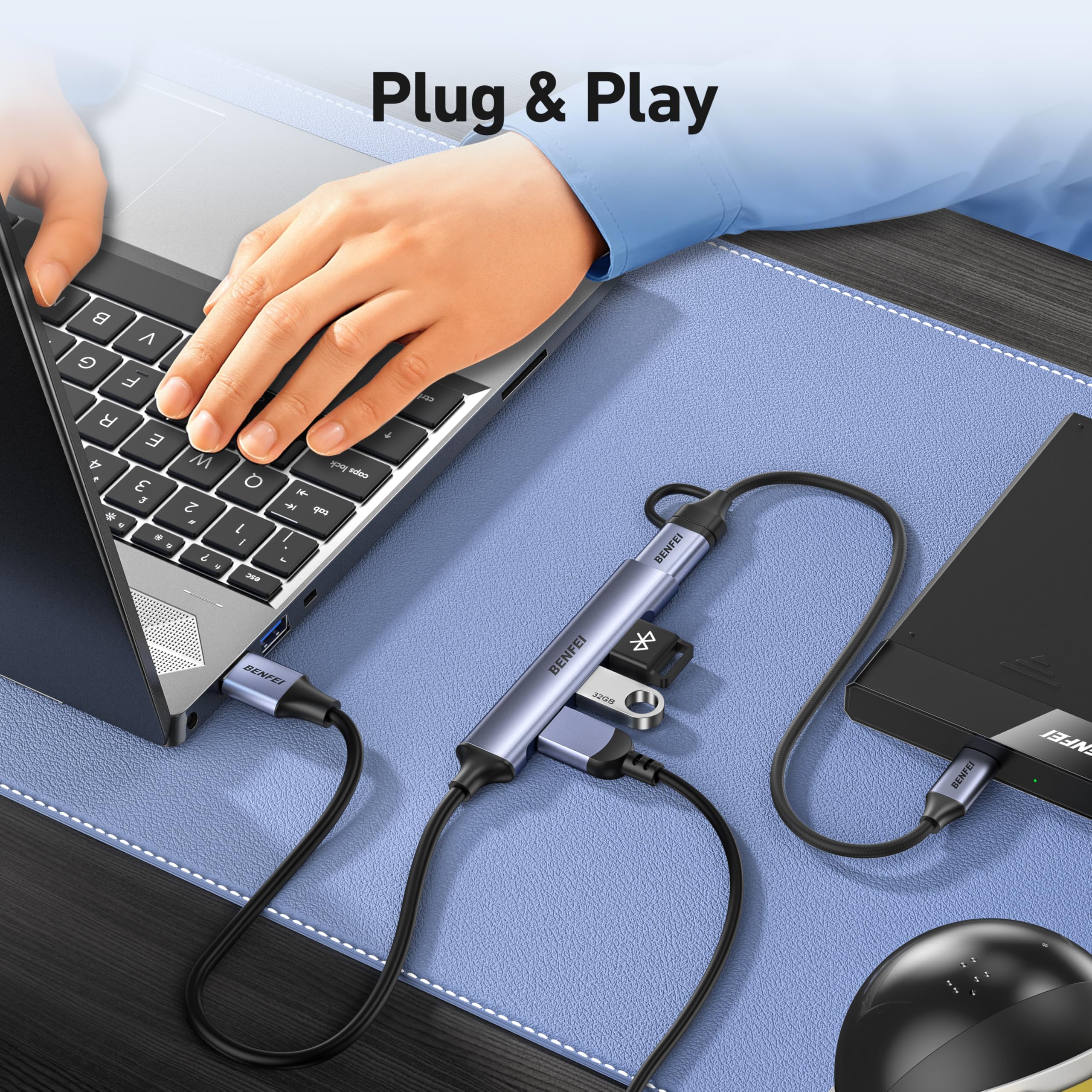 BENFEI Hub USB 4 Ports 10Gbps USB 3.2 USB 2.0 pour Ordinateur Portable PC