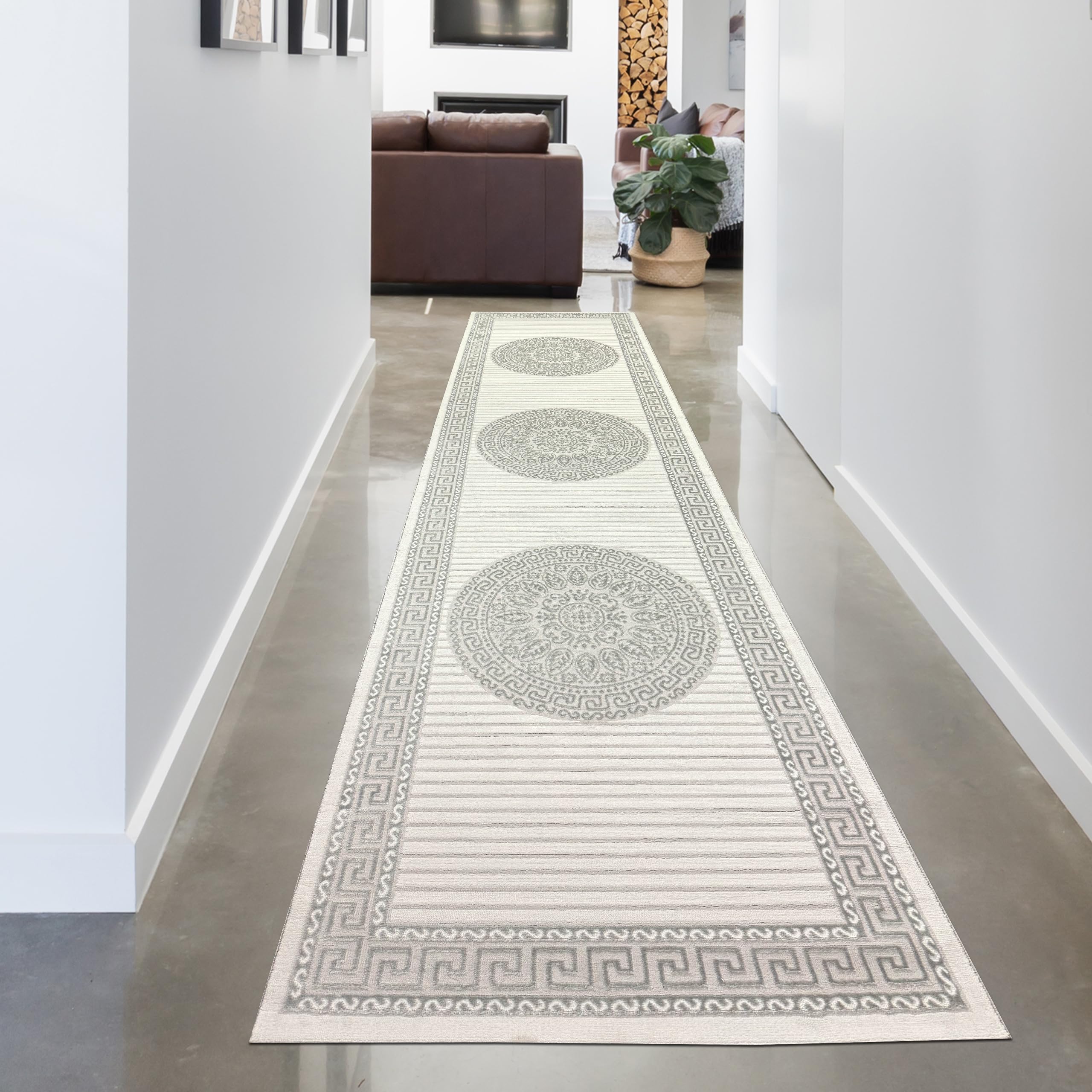 CARPETIA Alfombra de salón Moderna Oriental Elegante Runner Pasillo Largo Oriental Pelo Corto Pasillo Crema Gris 80x300 cm