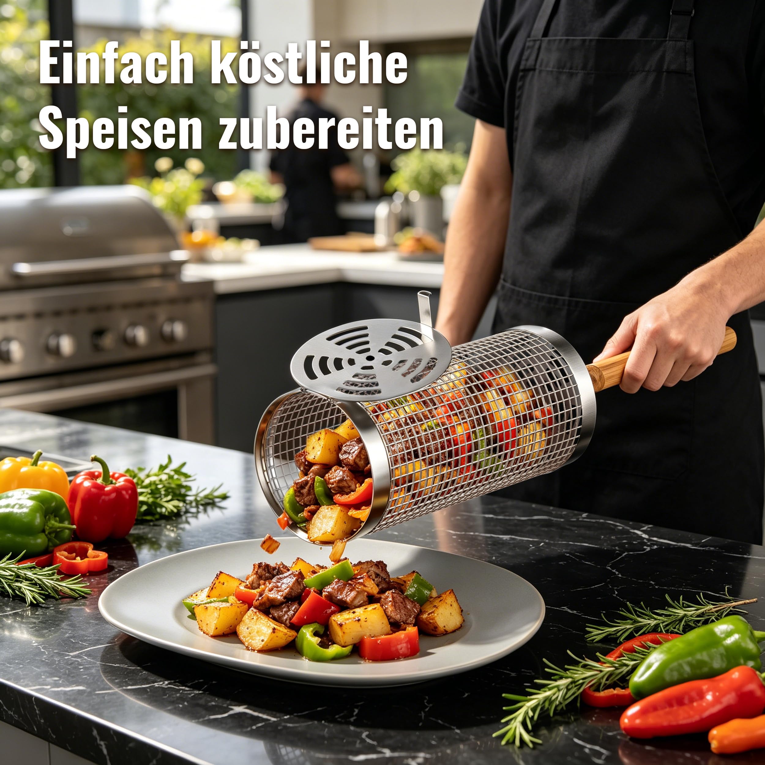Rollender Grillkorb Edelstahl 304, Abnehmbarer Holzgriff, 2er Set Nestbar, Grill Zubehör für Gemüse und Meeresfrüchte, Gasgrill und Holzkohlegrill, Grill Geschenke für Männer Papa