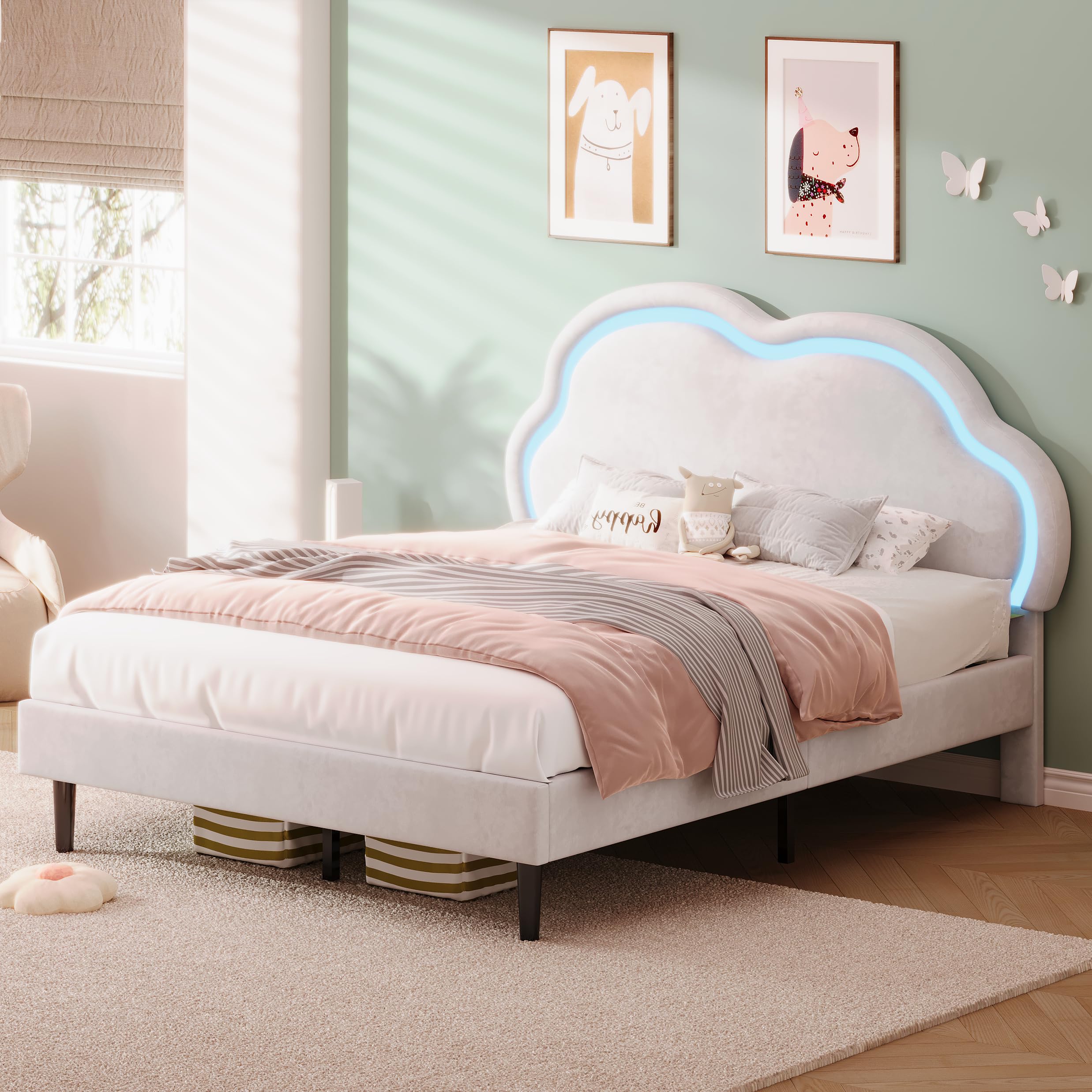 BTM 4ft6 Kids Small Double Bed Frame with LED Cloud Headboard, Upholstered Girls Beige Bed with Solid Wood Slat (No Mattress)