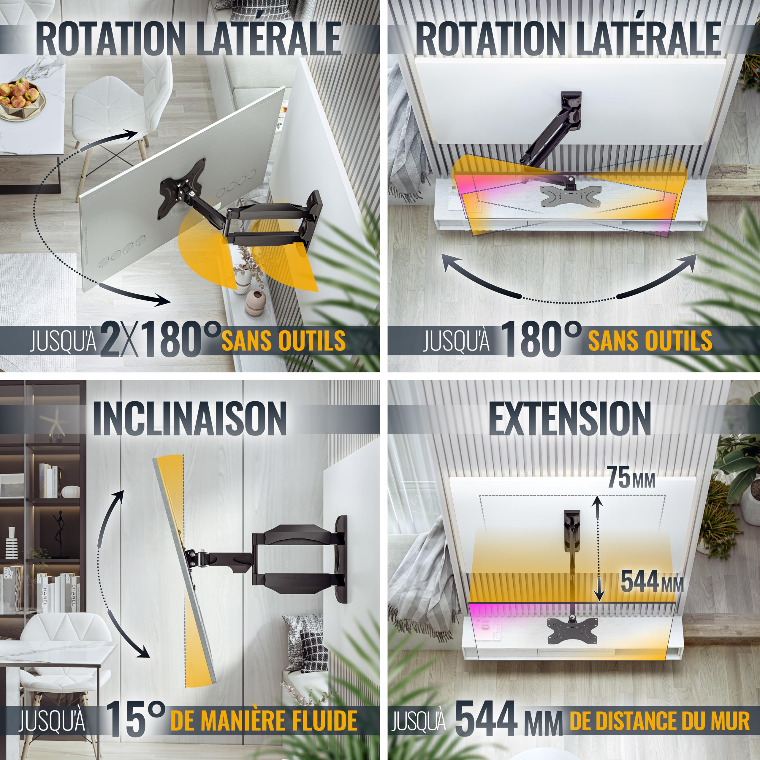 RICOO S0822 Support Mural TV 32 40 42 43 48 50 55 Pouces VESA 75x75 100x100 200x100 200x200 Orientable Inclinable Rotatif Universel Fixation Murale TV QLED OLED LED LCD Écran incurvé