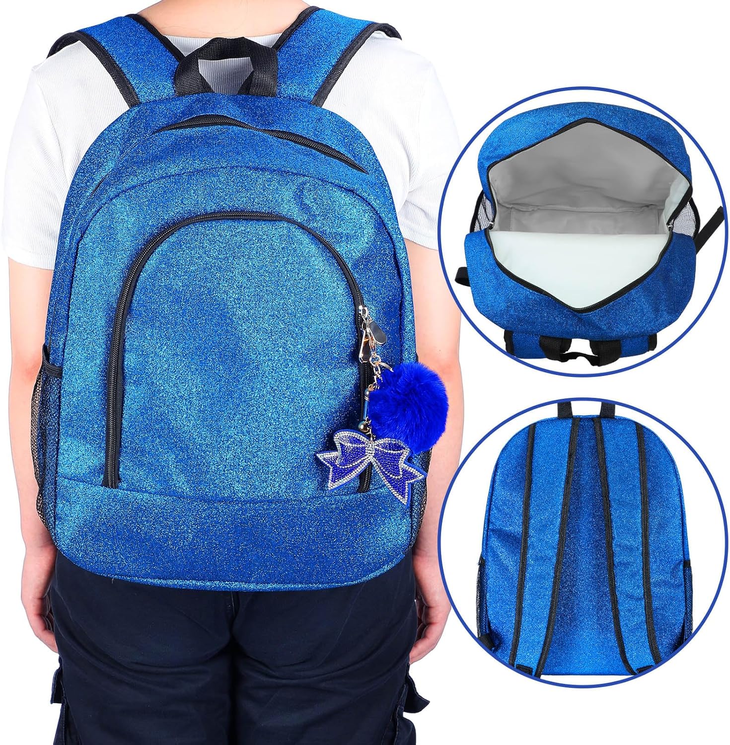 Large Cheer Backpack with Bow Keychain Cheerleading Glitter Backpack Cheerleaders Gift Cheer Bags for Sport(Blue) - Image 6