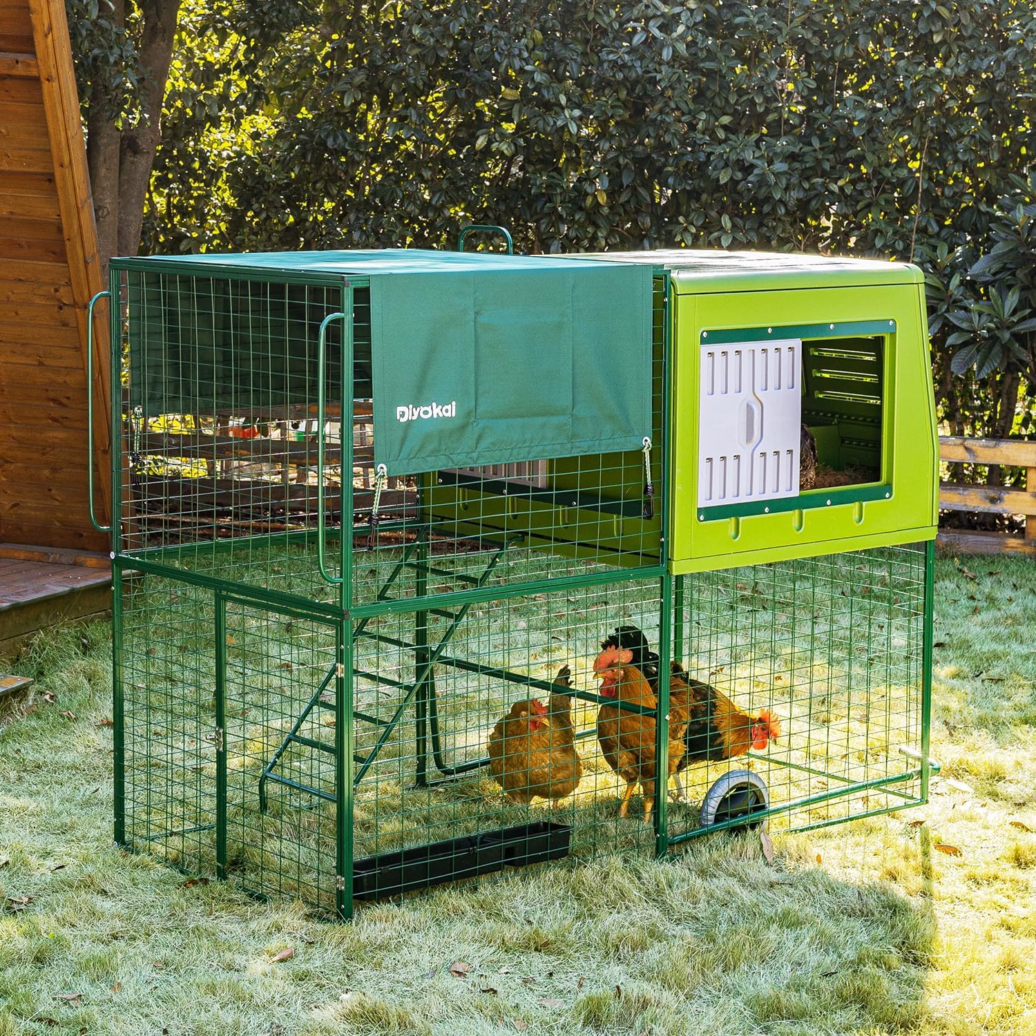 Durable Plastic Large Chicken Coop Outdoor - Portable Chicken House with Insulated Besting Boxes, Waterproof Cover, EasyClean Tray, Mobile Wheels Run