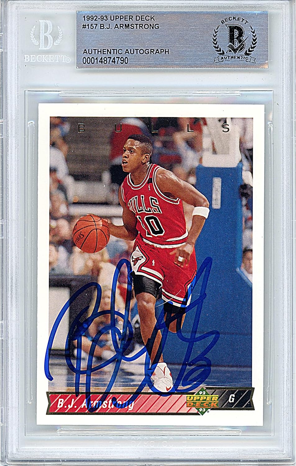 BJ Armstrong Autographed 1992 1993 Upper Deck #157 Basketball Trading Card Slab Beckett BAS Authentic Slabbed COA Played For Chicago Bulls NBA