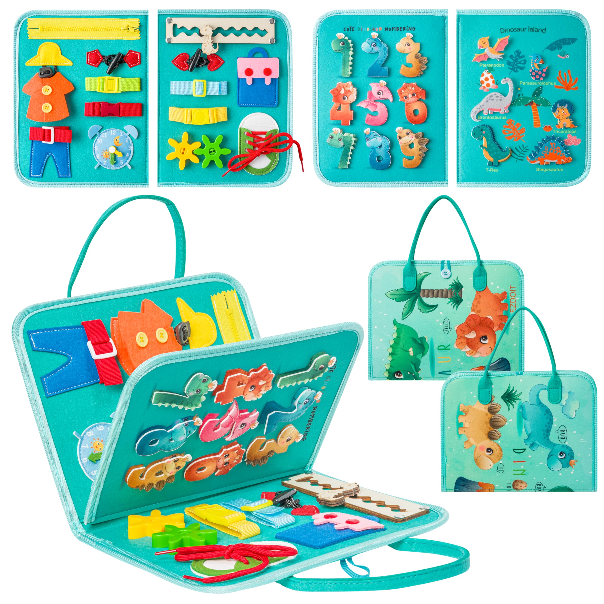 WATINC Toddlers Busy Board Montessori - Dinosaurier Filz Busy Book Sensory Travel Activities Toys, Vorschule Lernen Feinmotorik Lernspielzeug für Flugzeug Auto Reise Junge Mädchen Geburtstag Geschenk