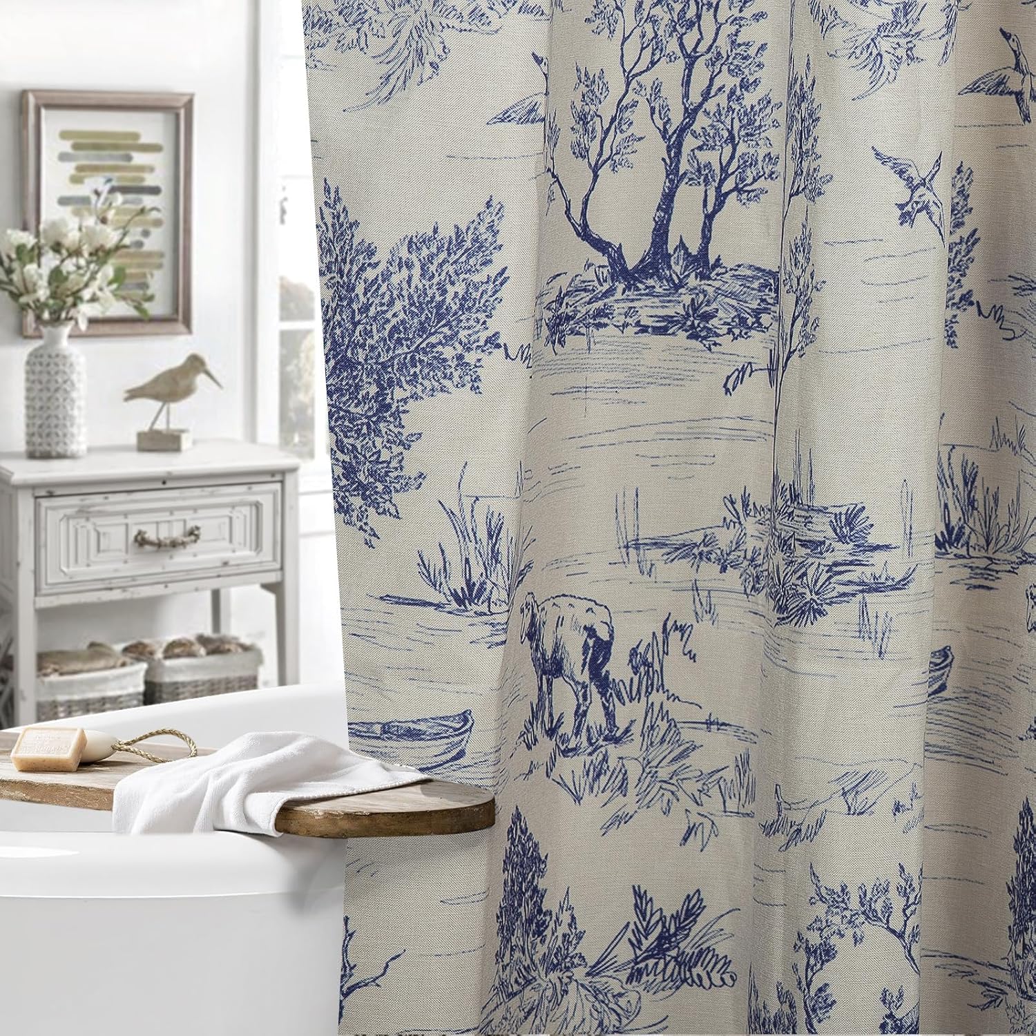MUGINYU French Toile de Jouy Shower Curtain Linen 72x72 - Blue Countryside Landscape with Sheep, Dogs, Trees, Farmhouse Bath Decor