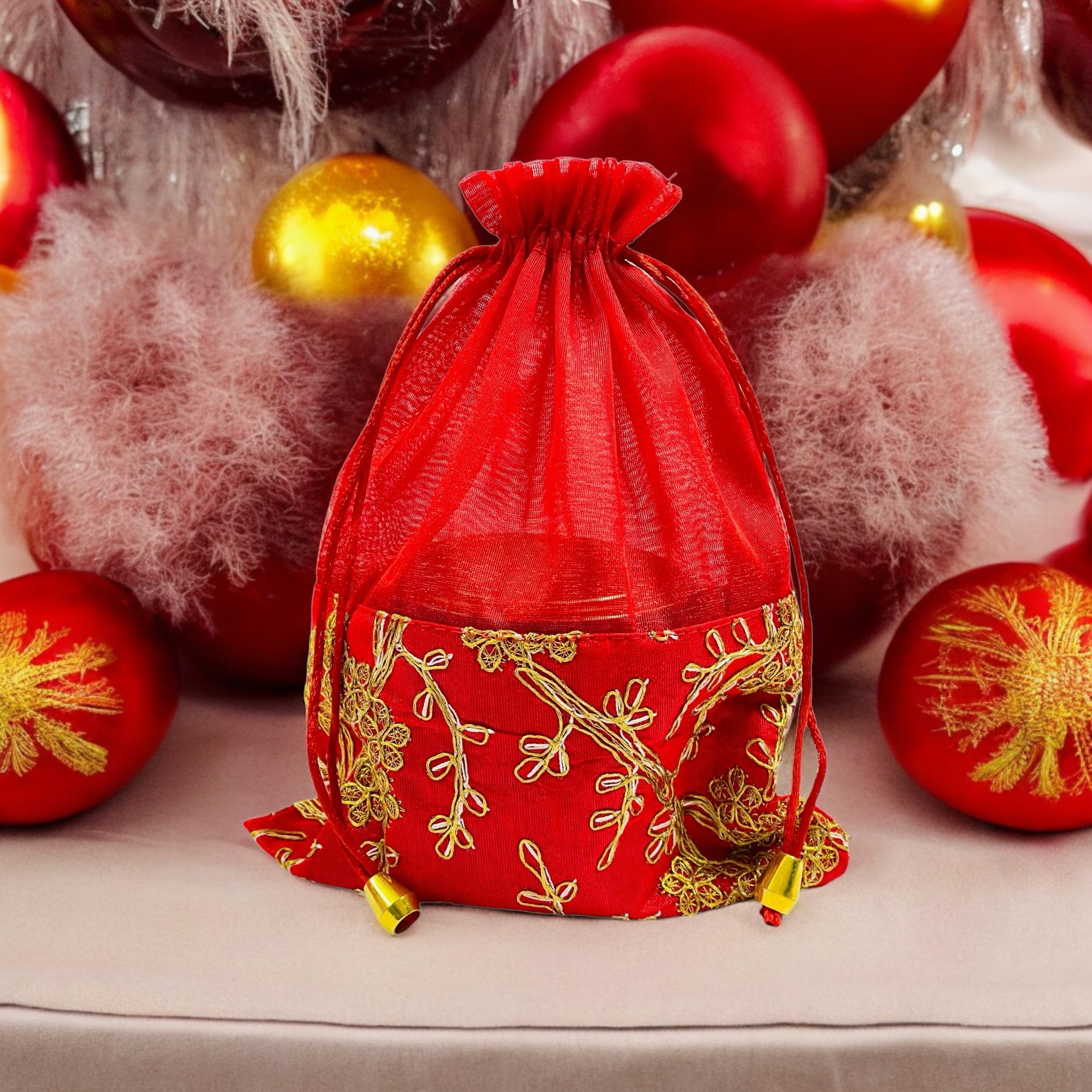 KRIWIN Pack of 10 Women's Silk Drawstring Closure Embroided Gift Potli Bags Pouches 9 X 7 inch Capacity- 450 gram (Red) 1