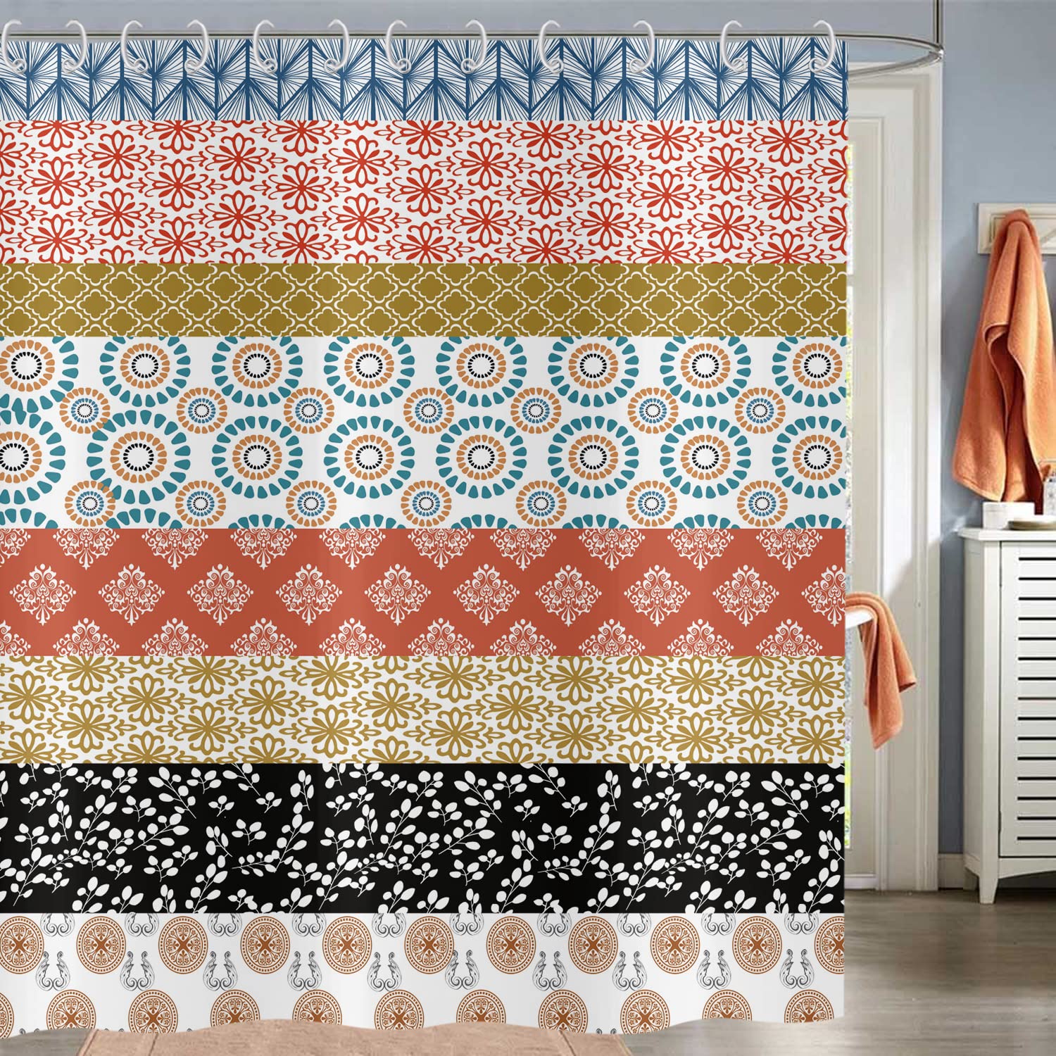 Hnmdmyi Boho Shower Curtain 90x180, Bohemian Striped Colorful Shower Curtains Geometric Floral Decorative Bathroom Curtains with Hooks Waterproof Polyester Fabric Washable Bath Curtains for Wet Room — image 1