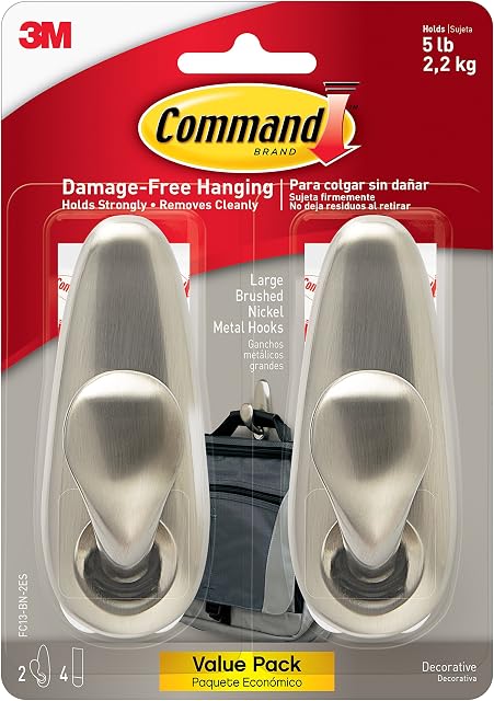 Command FC13-BN-2ES Large Forever Classic, Brushed Nickel, 2 Hooks, 4 Strips/Pack