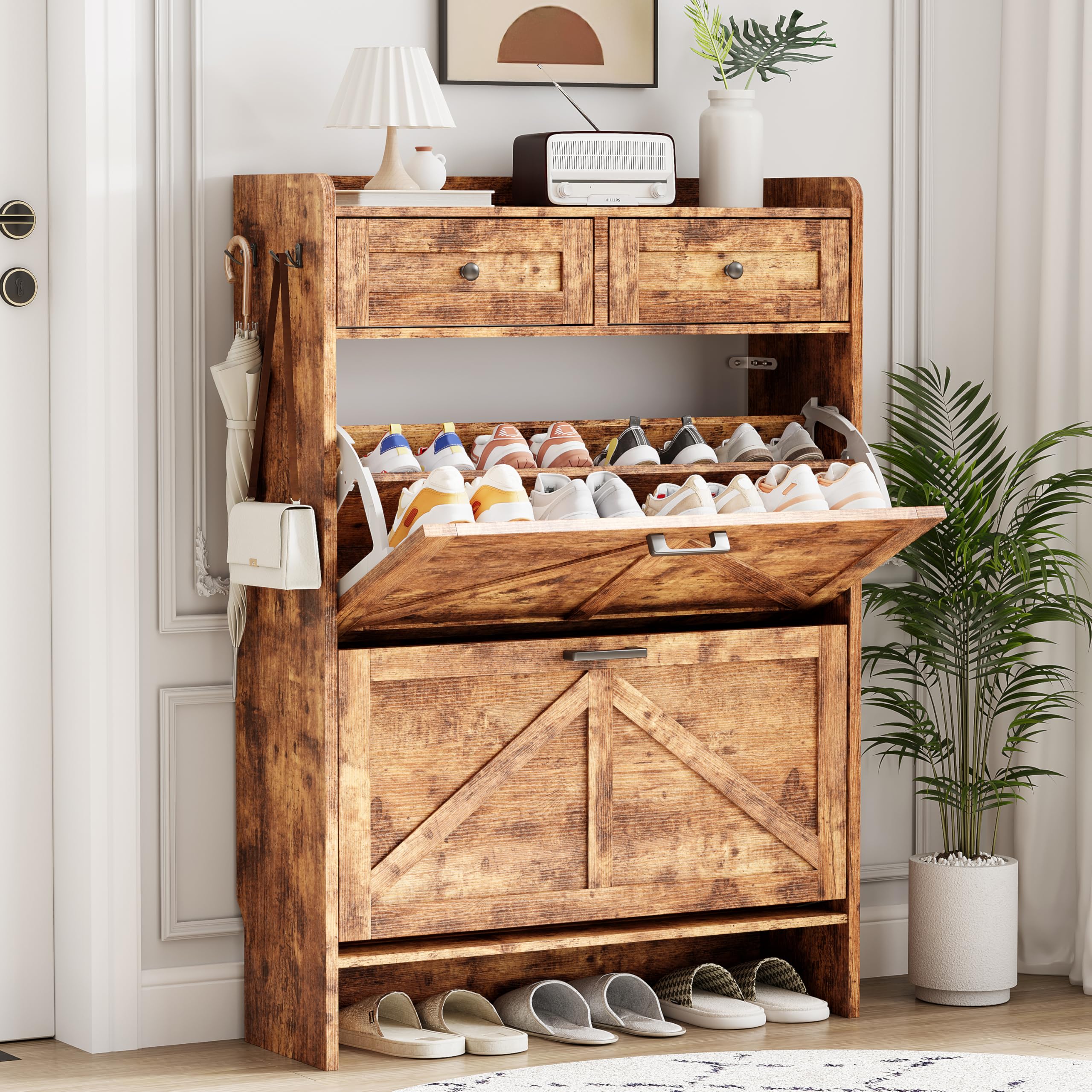 Shoe Cabinet with 2 Flip Drawers &amp; 2 Top Drawers, 43" Tall Freestanding Narrow Wooden Shoe Storage Organizer for Entryway, Hidden Slim Shoe Rack for Front Door Entrance, Hallway, Living Room, Brown