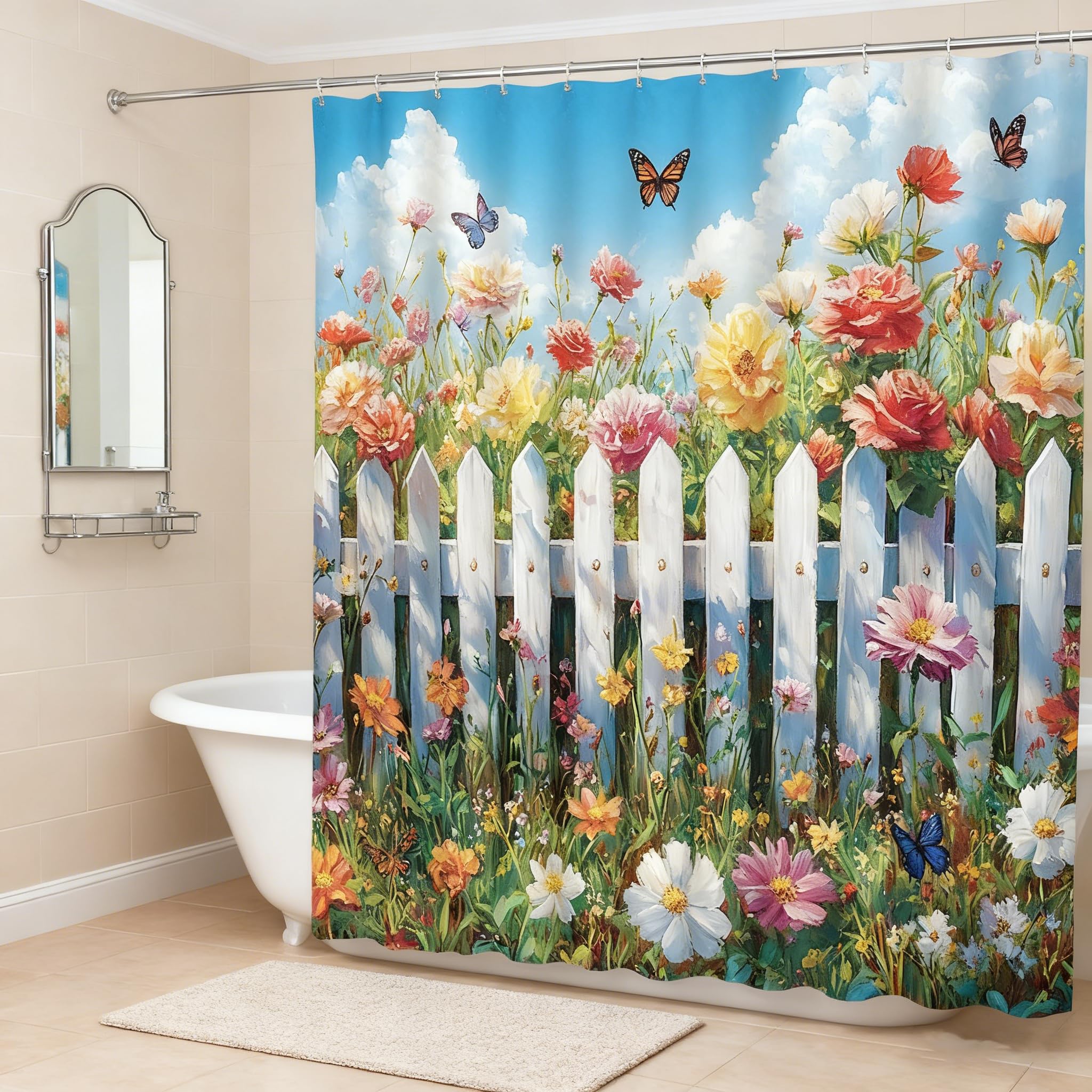 UOZXOML Garden Landscape Shower Curtain Colorful Floral Butterfly Rustic Wooden Fence Spring Summer Nature Plants Greenery Country SceneryFabric