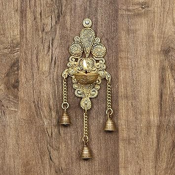 eCraftIndia Antique Finish Decorative Handcrafted Brass Wall Hanging Diya with Bells