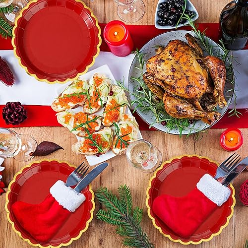 Miniatura 3 de Tanlade 100 platos de Navidad rojos festoneados, platos de papel desechables de 9 pulgadas y 7 pulgadas, vajilla roja de postre con borde dorado
