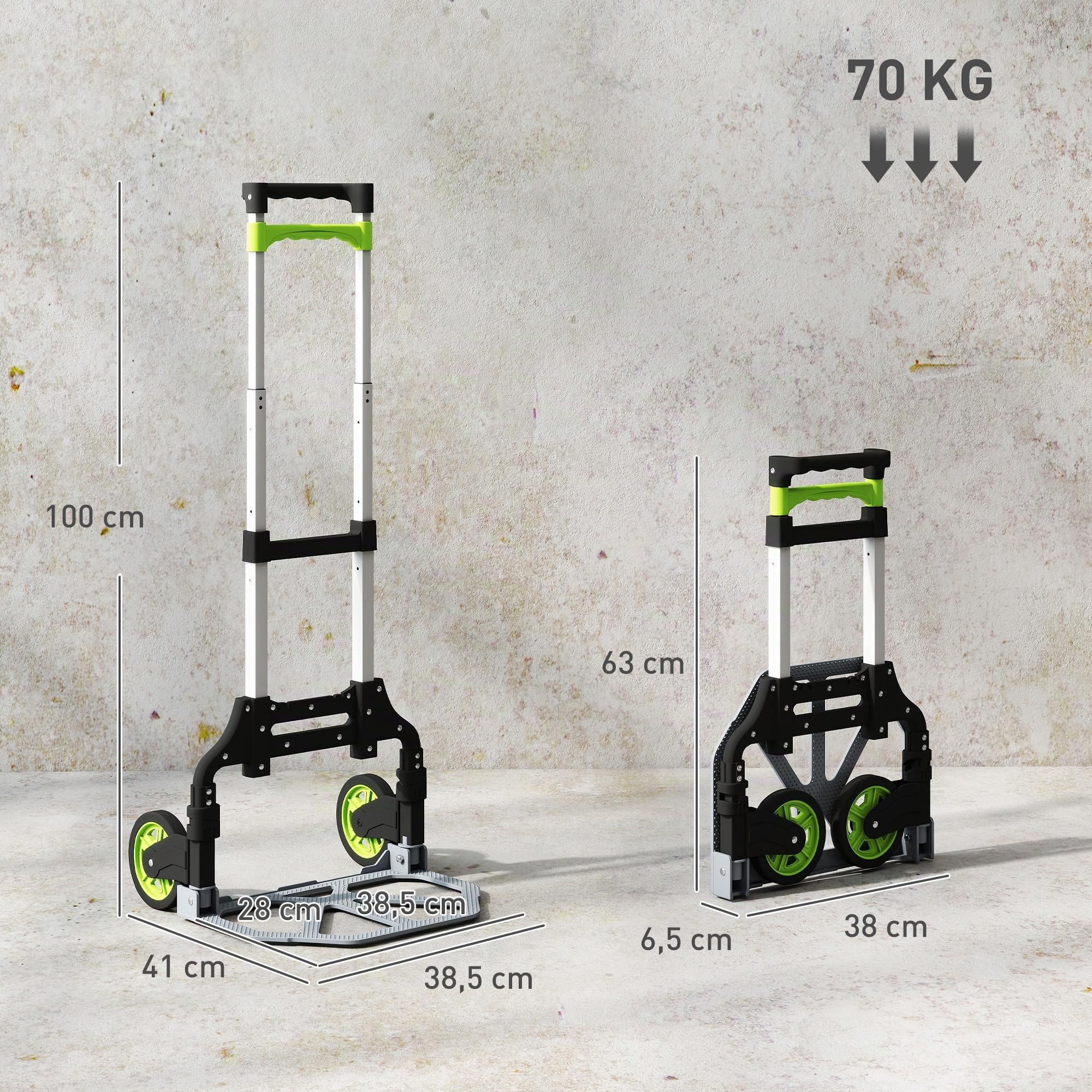 HOMCOM Diable Pliable Diable Pliant Poignée Télescopique 100 cm Vert | Charge 70kg, Chariot de Transport pour Objets Lourds & Volumineux, Aluminium, Entrepôt, Aéroport