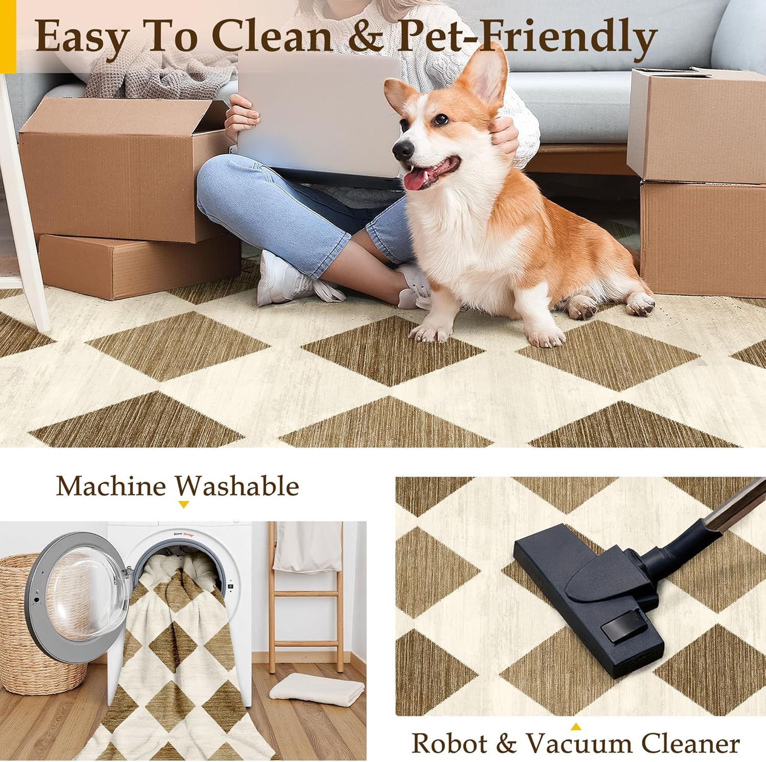 PureCozy 5x7 Checkered Area Rugs for Living Room Brown Machine Washable Large Rug Non-Slip Stain Resistant Low Pile Boho Accent Indoor Throw Carpet for Office Bedroom Dining Room Classroom