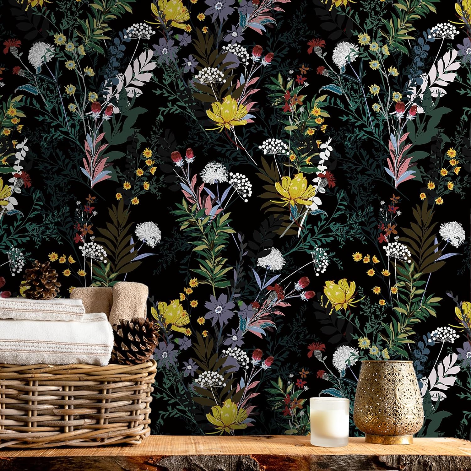 VEELIKE Dark Garden Floral Peel and Stick Wallpaper Vintage Black Floral Wallpaper for Bathroom Bedroom 17.7''x118'' Prepasted Removable Dark Botanical Wallpaper Mural Contact Paper for Walls Cabinets