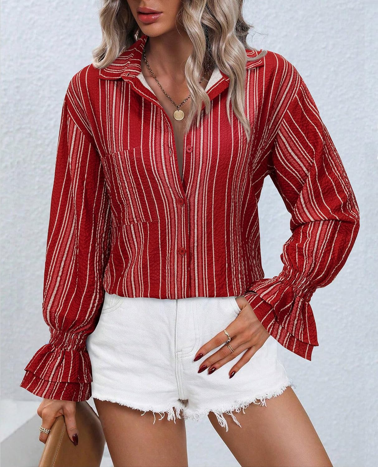 Oversize Striped Button Down Shirts Women Smocked Boyfriend Long Sleeve Blouse Ruffle Casual Tops with Pocket - Image 2