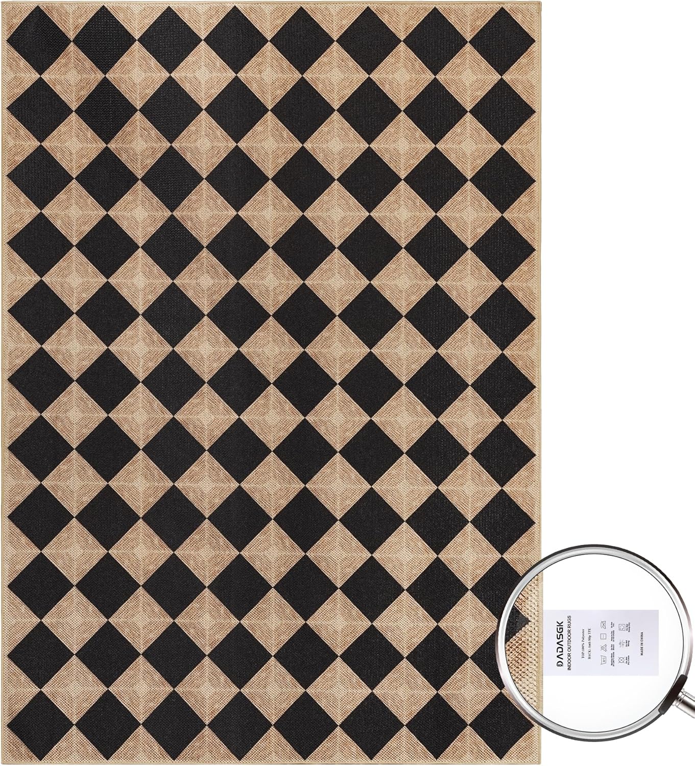 5x7 Checkered Easy Jute Rug – Washable Non-Slip Indoor Outdoor Carpet, Black Textured Diamond Pattern, Neutral Area Rug for Living Room, Bedroom, Dining Room, Patio, Farmhouse Style