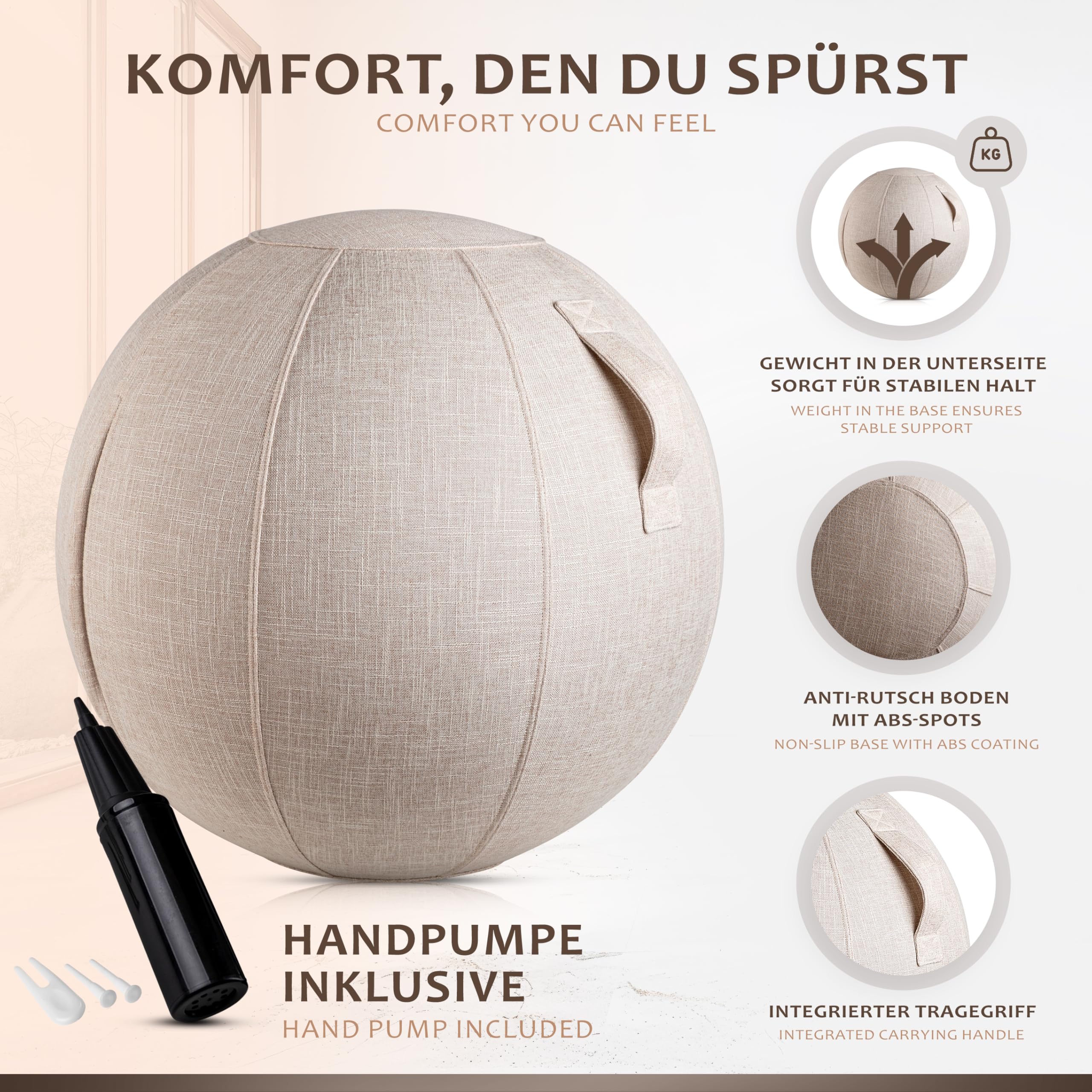 ONVAYA, Pelota de gimnasia de 65 cm con funda