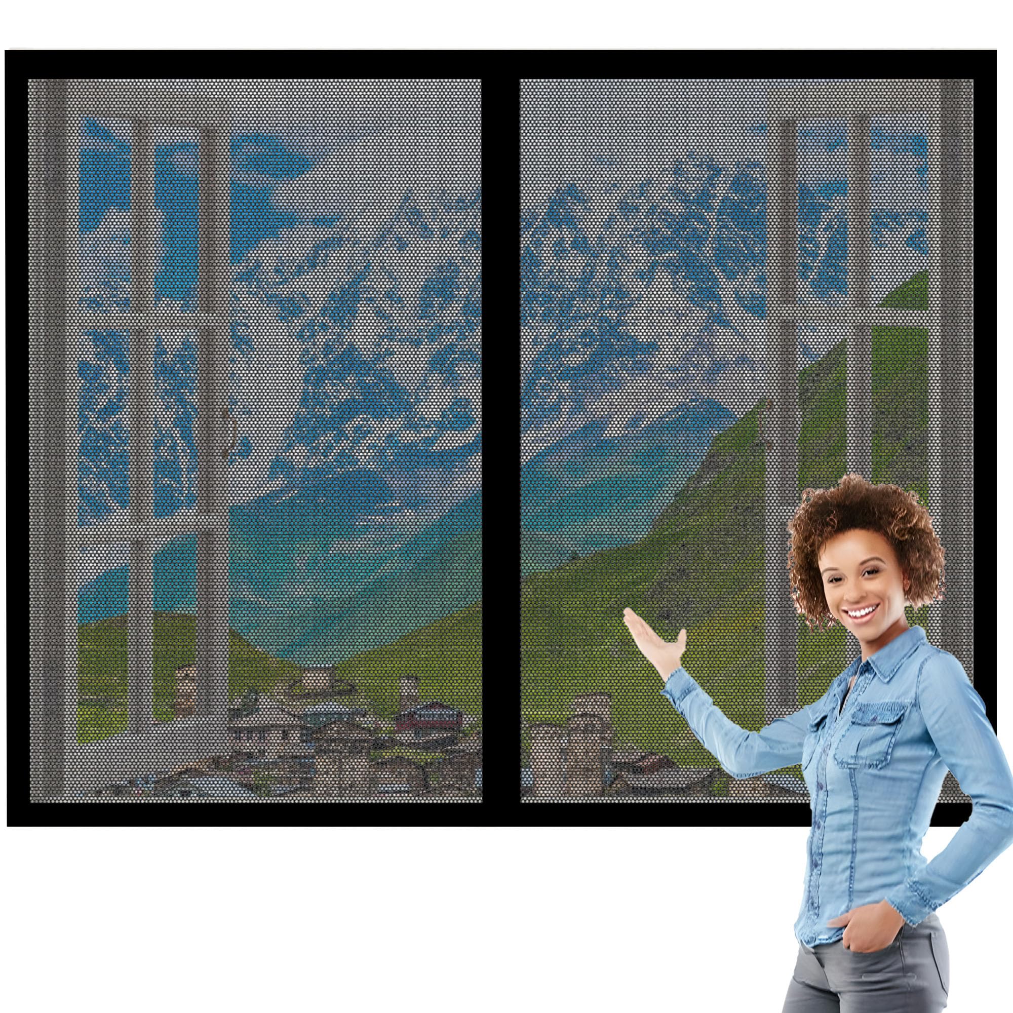 Magnetic Fly Screen Window Adjustable 135 x 115 cm Selfadhesive Tape DIY Window Bug Screen Kit Mosquito Easy Install for Living Room Bedroom Offfice, Black