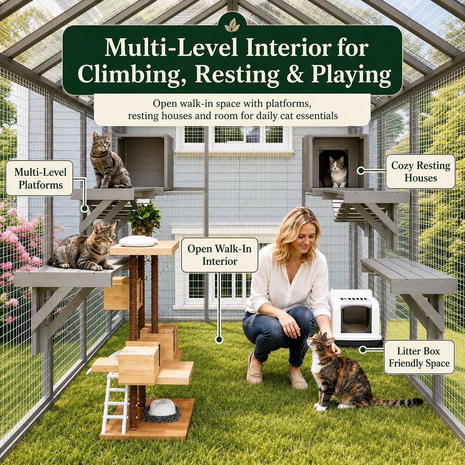 PetsCosset 71" H Large Catio Outdoor Cat Enclosure Window Catios Wooden Walk-in Catio for Multiple Cats with 2 Resting Houses, 6 Platforms, Waterproof Roof,Cat Patio for Backyard, Deck, Porch