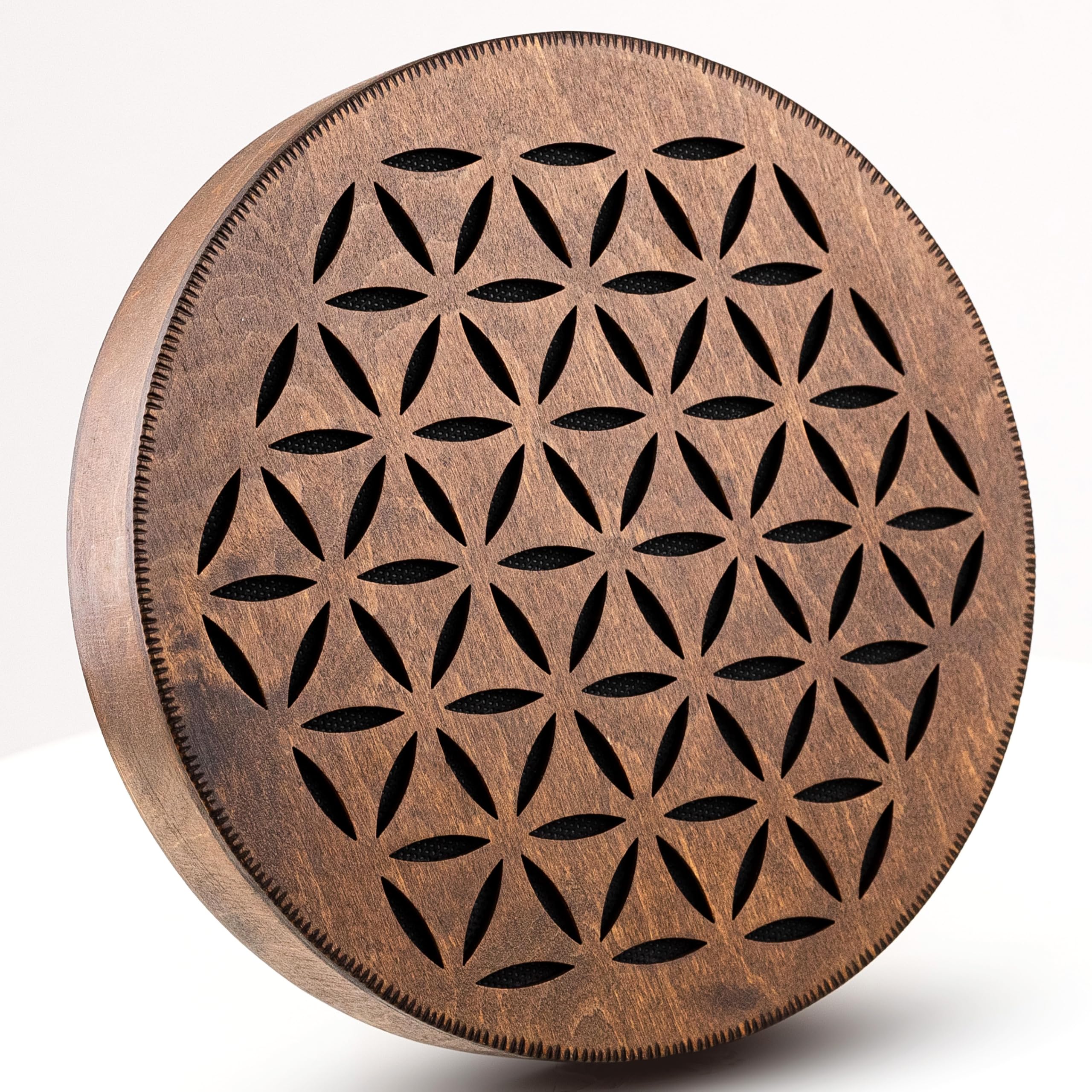 Rain-Fall Disc 8,6 Zoll Ozeantrommel aus Holz, sanfter Regengeräusch für Klangbad, Meditation & Klangheilung, Blume des Lebens & AUM Design