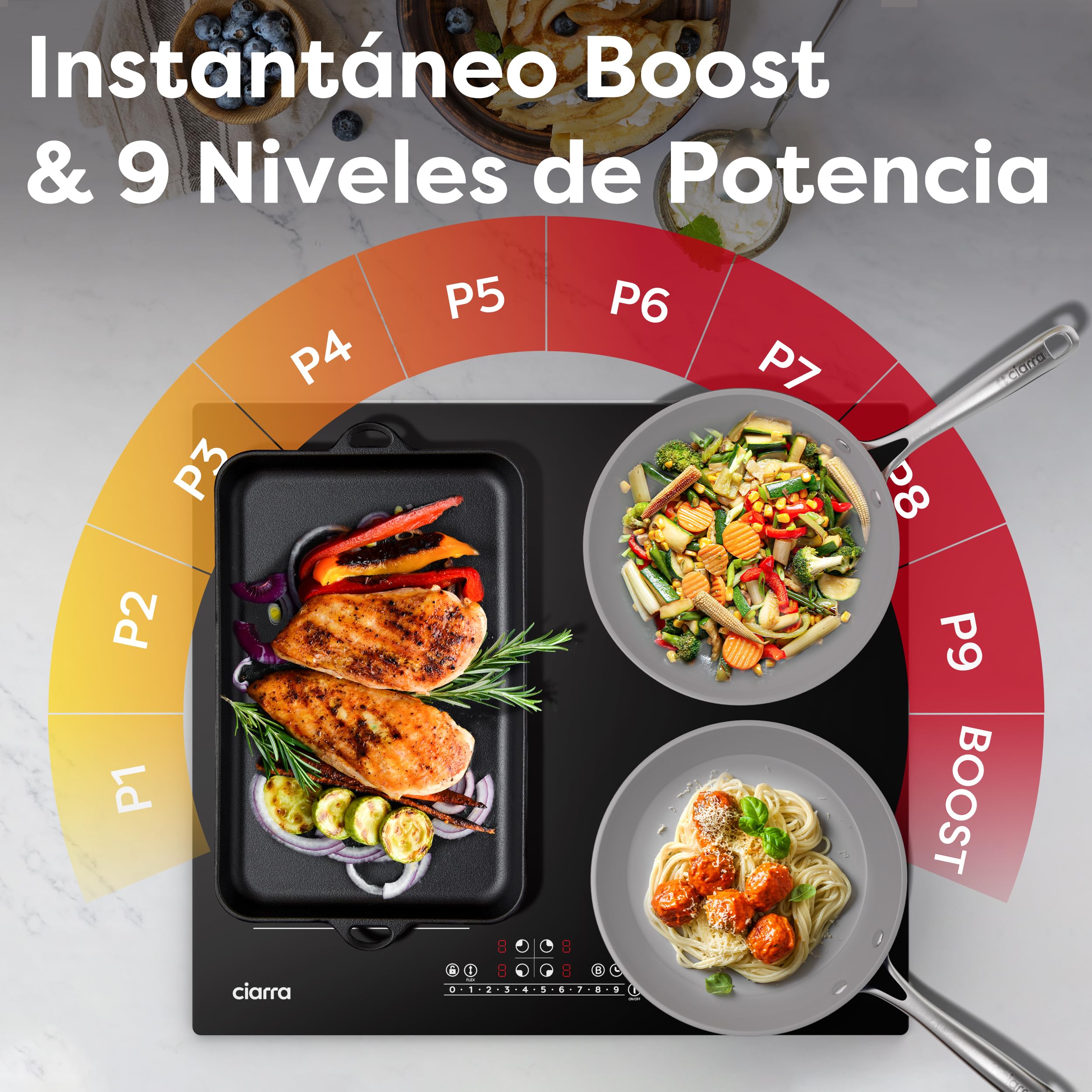 CIARRA CBBIH4BF Placa de Inducción 4 Fuegos 60cm 7200W | Función Flex, Boost, Función Pausa, Control Táctil Slider, Apagado Automático, Indicador de Calor Residual