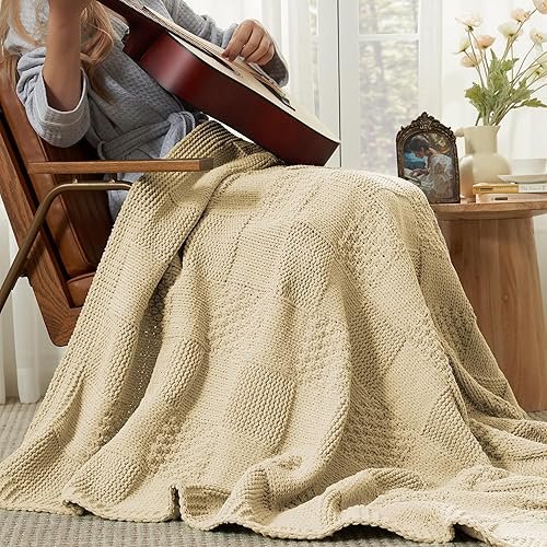 Miniatura 5 de Amélie Home Manta texturizada de morera, hecha a mano con borlas, gruesa, suave y esponjosa, tejida de lujo para sillón, sofá o cama (beige, 60 x 80