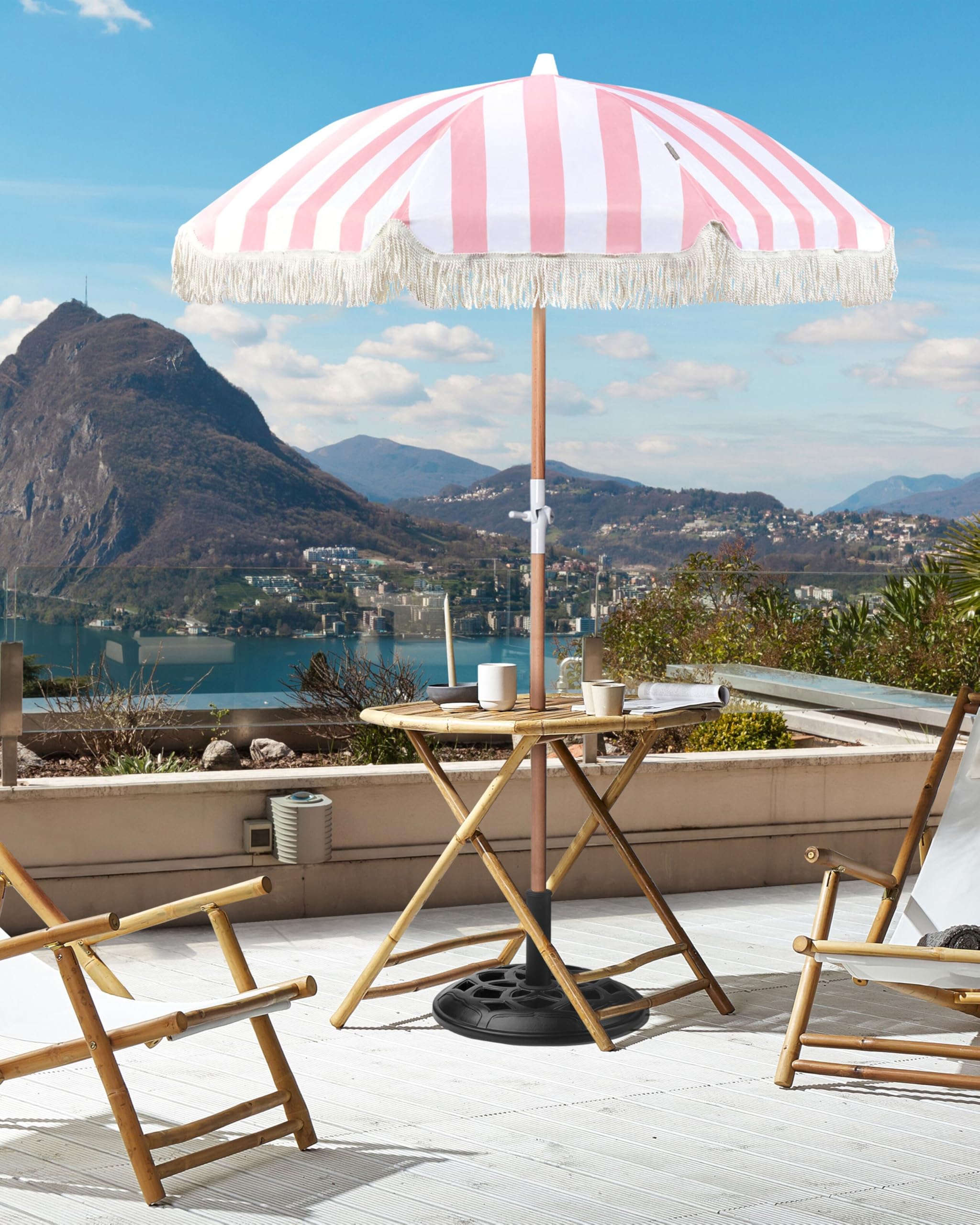 Beliani Parasol de Jardin Rétro ⌀ 150 cm Mât en Bois et Tissu Rose et Blanc Mondello