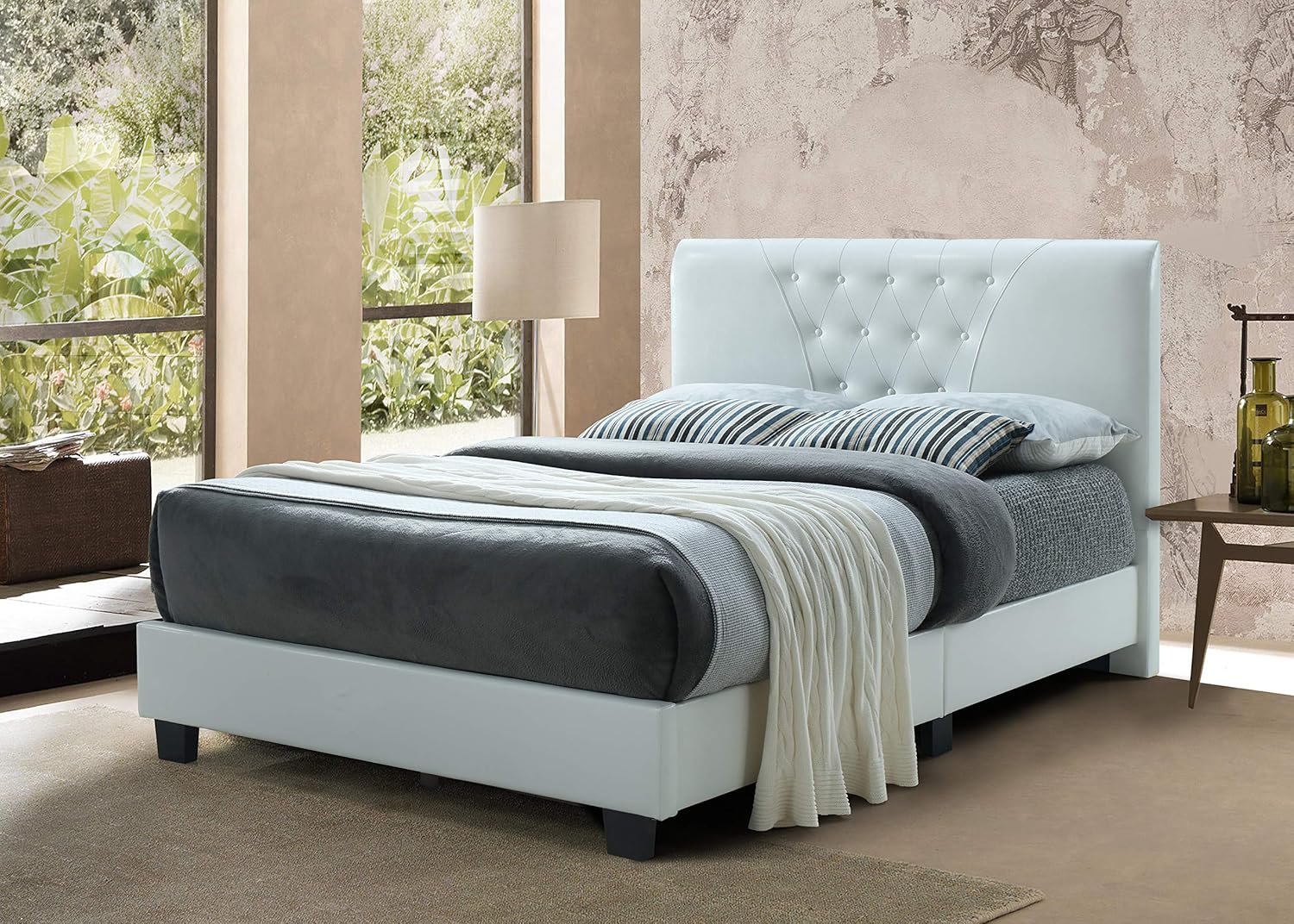 Hodedah Upholstered Bed Platform, Twin, White