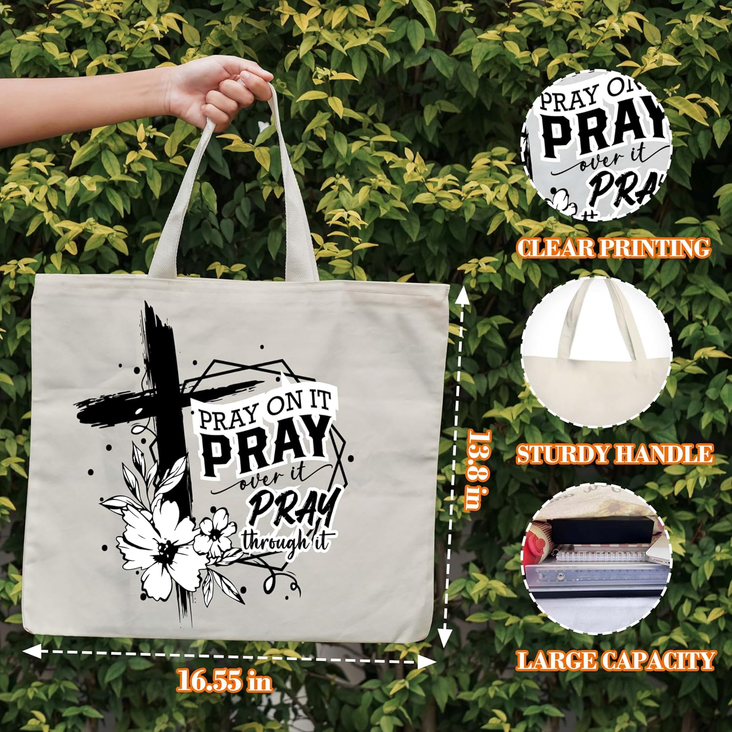 Christian Canvas Tote Bag for Women, Pray On It Pray Over It Pray Through It Faith Tote, Bible Verse Religious Gift Bag, Floral Library Book Bag, Shoulder Bag Gifts for Women Friends Colleagues -27 - Image 2
