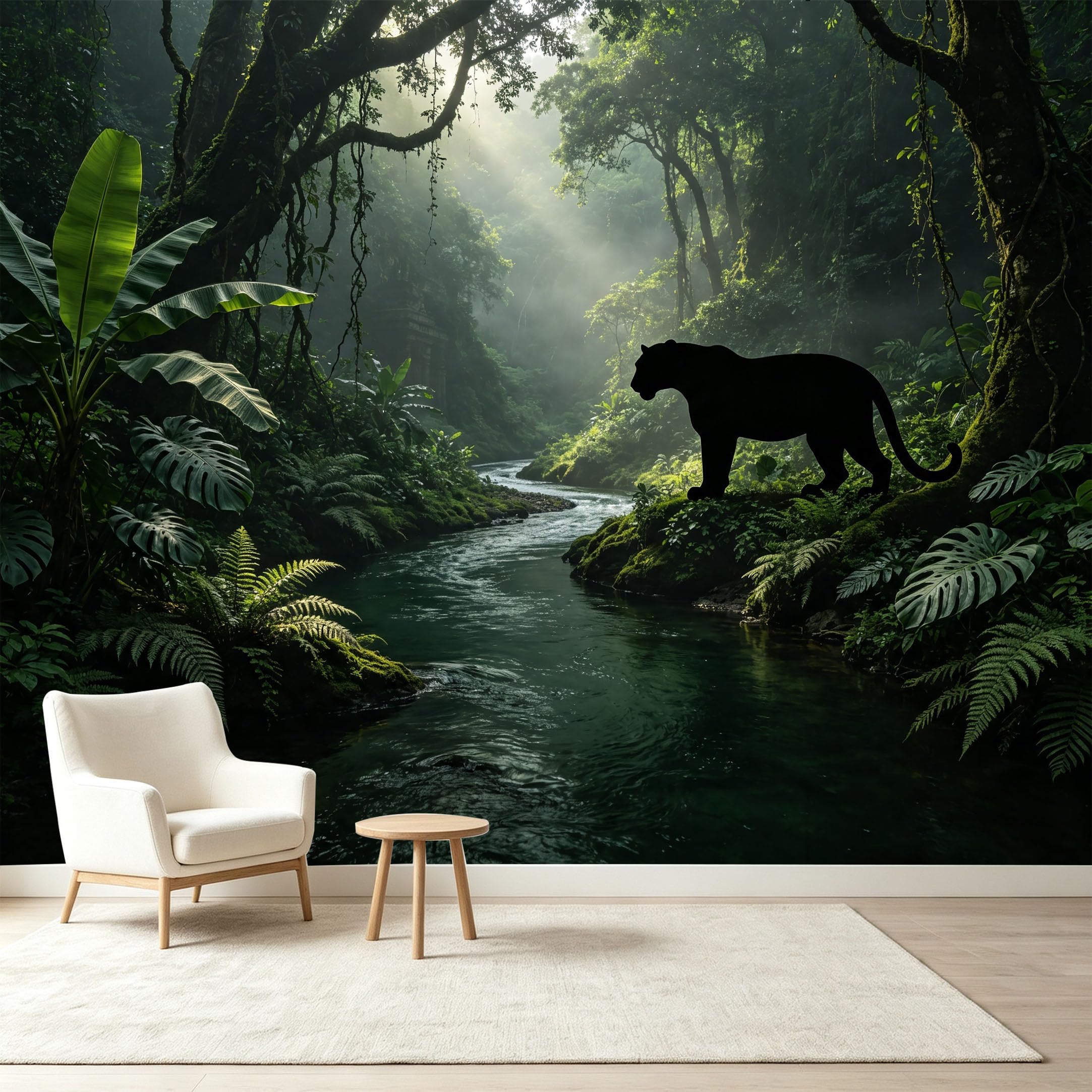 Custom Size Wall Murals Tropical Jungle Silhouette Panther River Landscape Self-Adhesive Wall Fabric Removable Wallpaper Wall Decor for Living Room Bedroom Bathroom