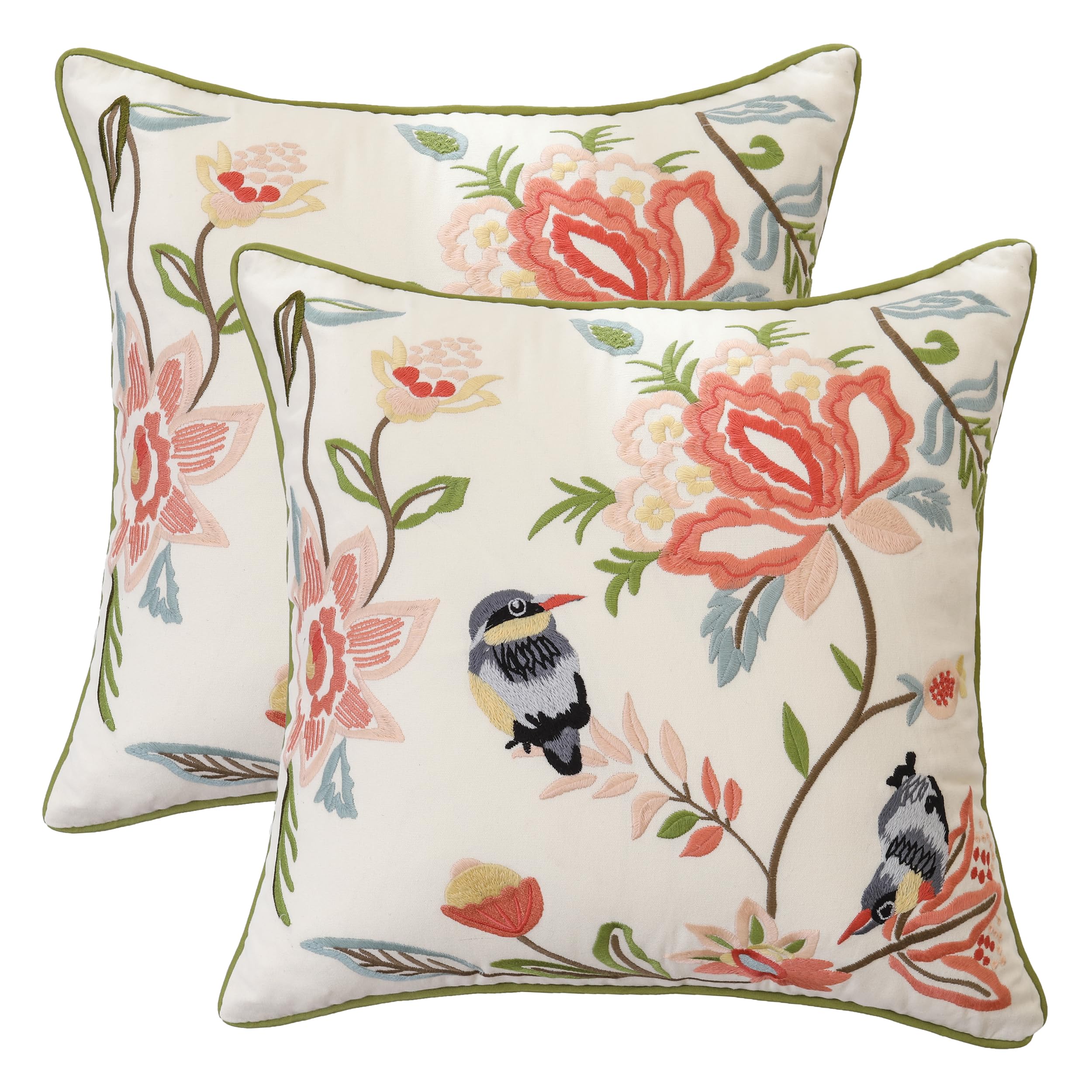 Housse de coussin brodée oiseaux et fleurs roses 45x45 cm pour déco de salon rustic