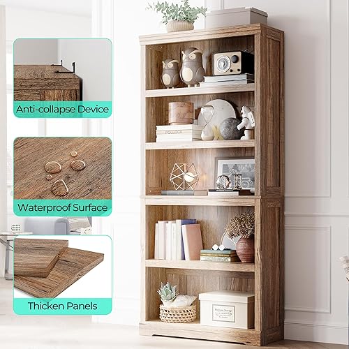 Miniatura 7 de LINSY HOME Estantería de 5 estantes, Estanterías de pie para exhibición y almacenamiento de 68 pulgadas de alto, Estantería alta, Muebles de Marrón