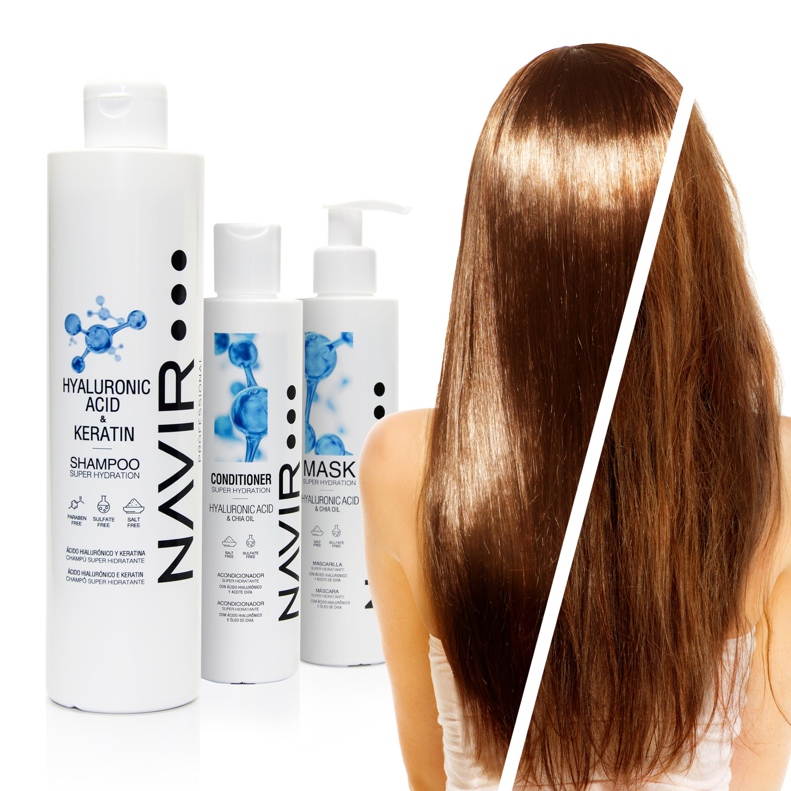 NAVIR Professionale | Kit professionale capelli con acido ialuronico – Shampoo 500ml + maschera 200ml + balsamo 200ml – Idratazione intensa post trattamento lisciante – Senza solfati – 3 prodotti