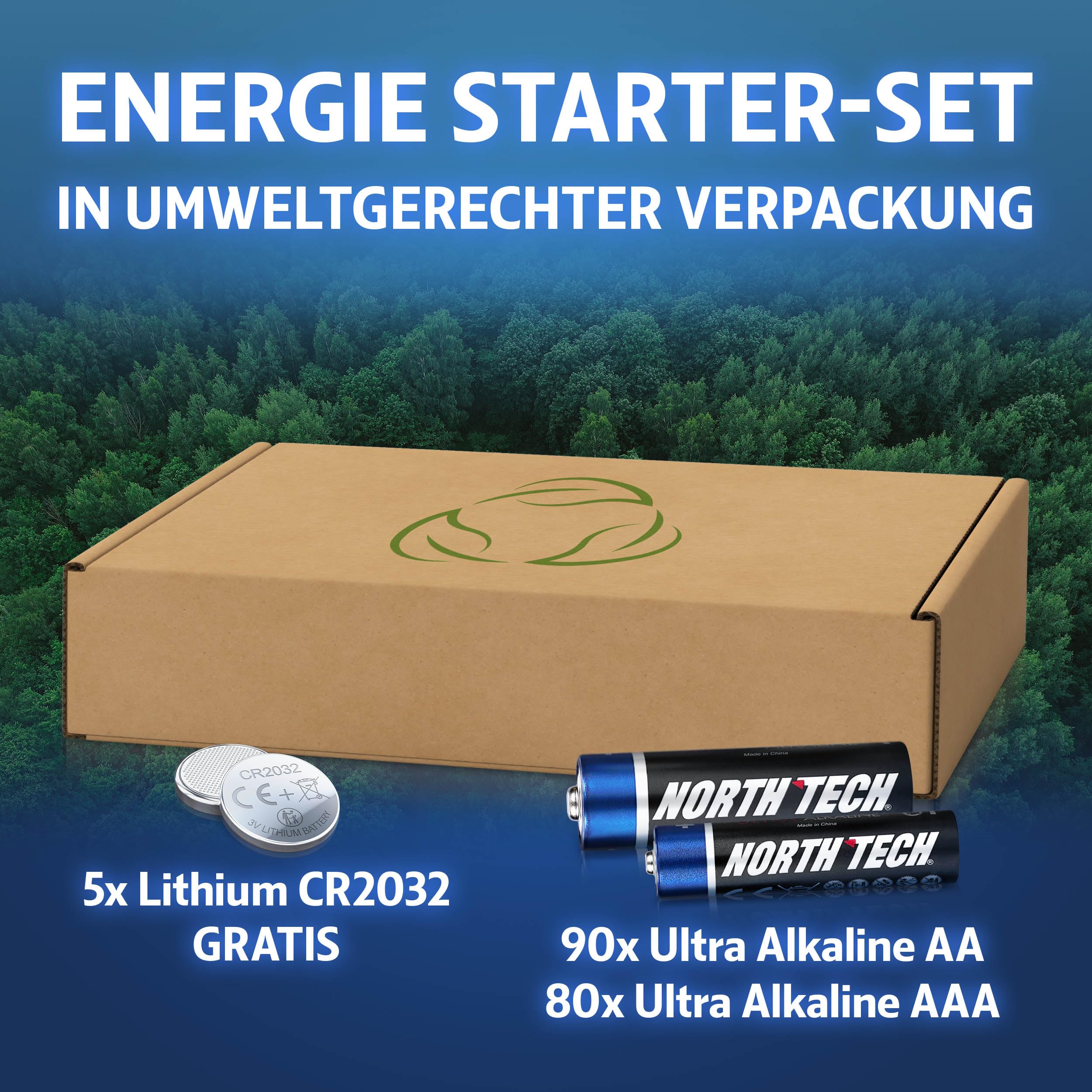 North Tech Ultra Piles alcalines AA et AAA – 90 x AA + 80 x AAA + 5 x CR2032 gratuites | Pack énergétique haute performance | Durable, anti-fuite et respectueux de l'environnement | Durée de vie de 10