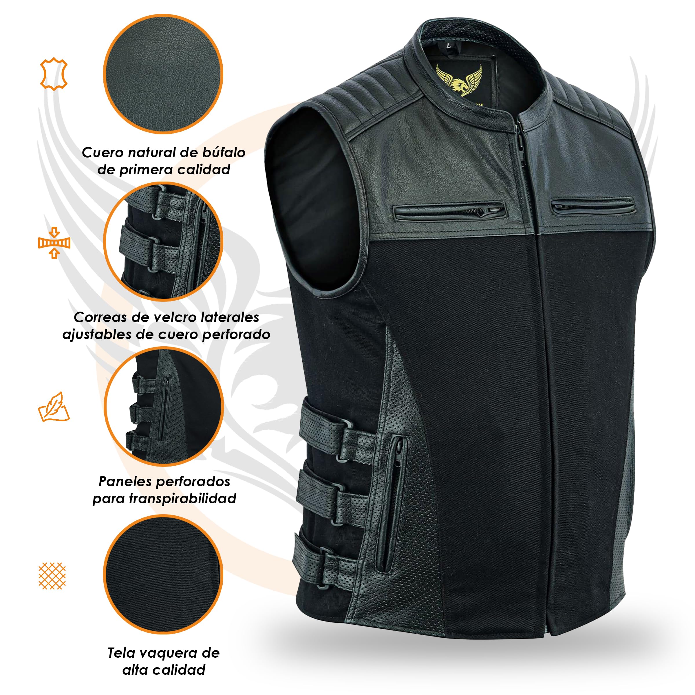 Leatherick Hombre Warrior Tactical Style Denim y Top Grain Buffalo Leather Chaleco de motorista con bolsillos profundos y perforados en los bolsillos
