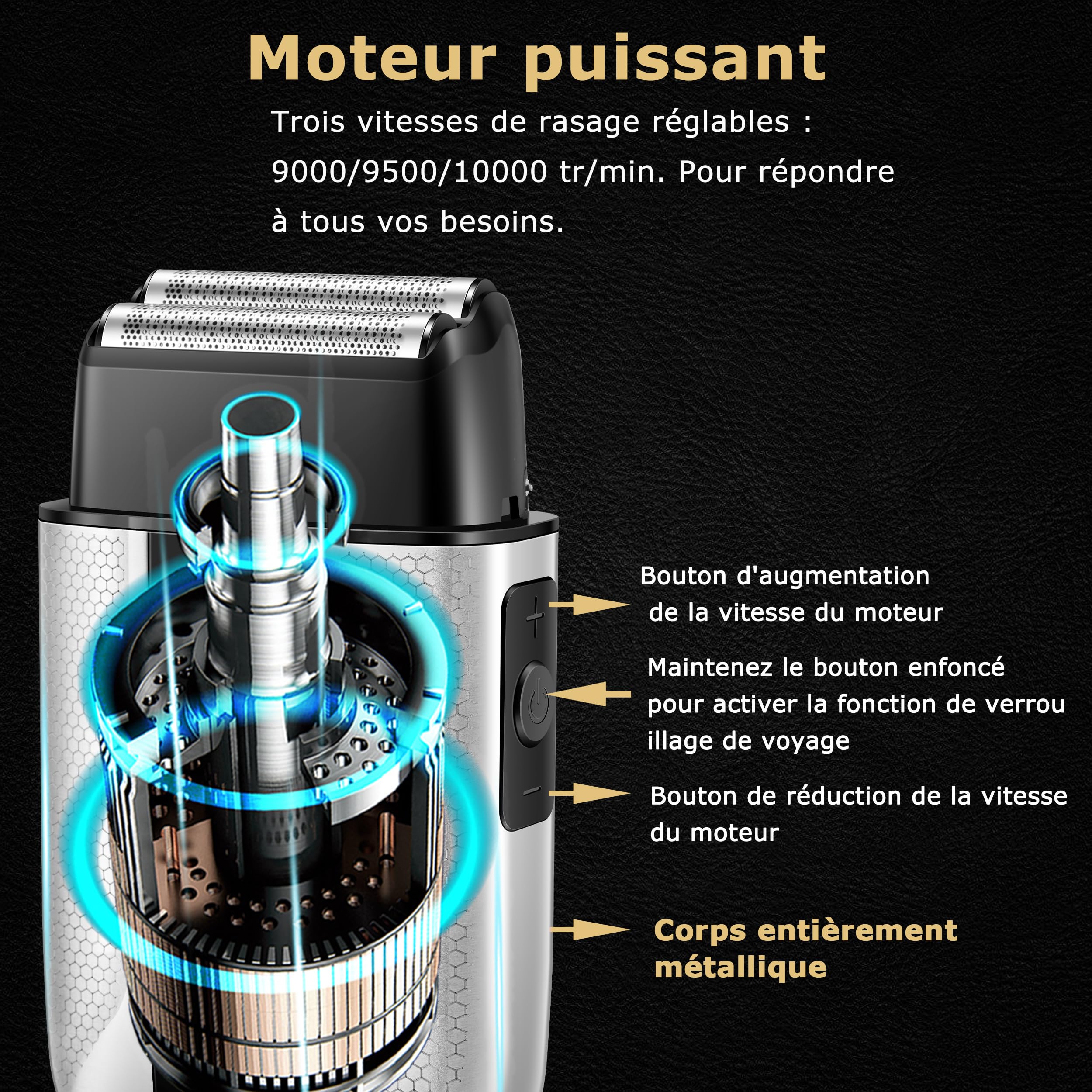 Rasoir électrique professionnel à grille KEMEI T402 pour hommes, étanche IPX7, avec écran LED, double rasoir électrique à 3 vitesses réglables