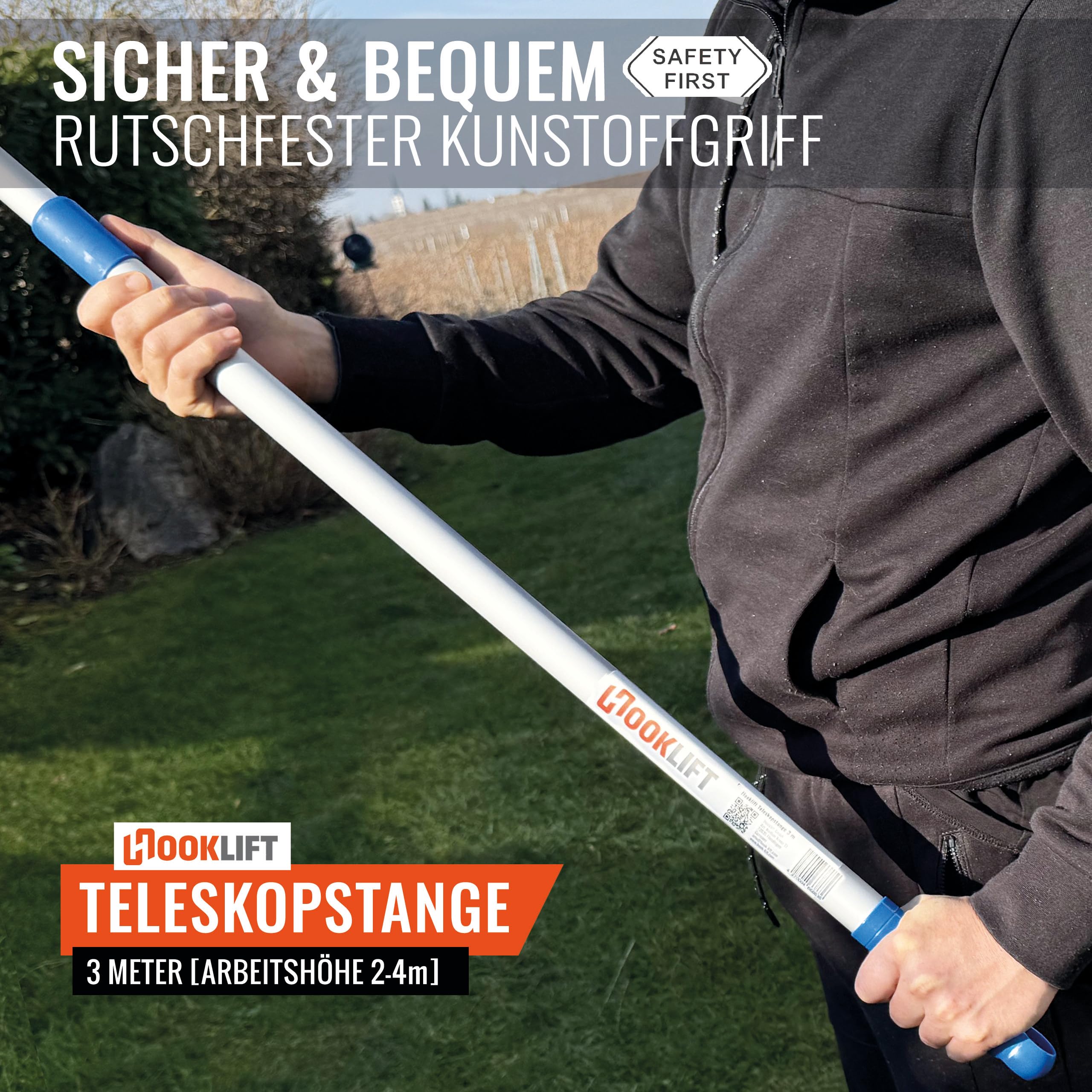 die KÜRZESTE 3m Alu-Teleskopstange mit Adapter, stufenlos von 105 bis 305 cm verstellbar; ideal für das neuartige Magnet-Haken-System viele weitere Werkzeugaufsätze nutzbar