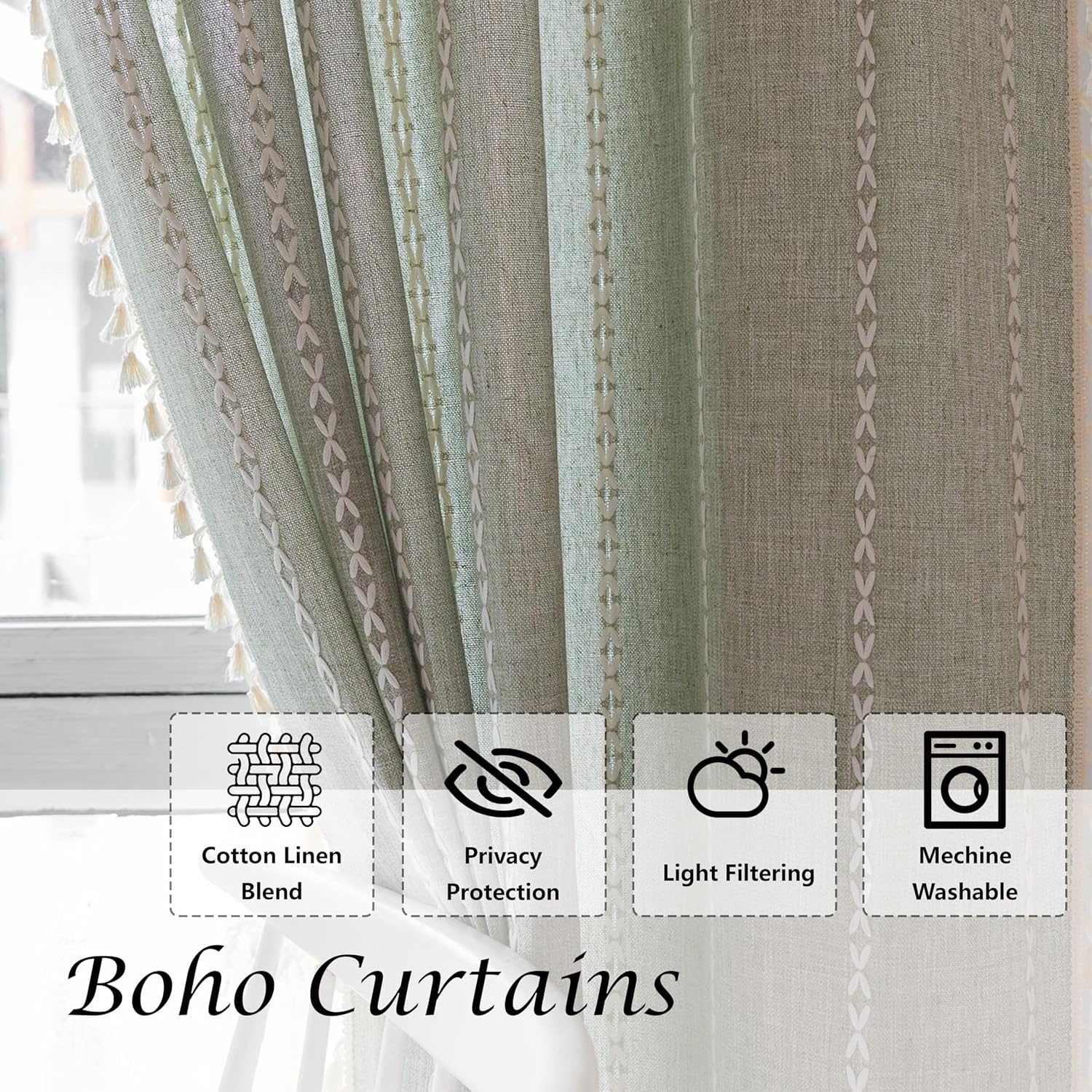 Sage Green Boho Farmhouse Curtains for Bedroom Living Room Semi Blackout Cotton Linen Curtains 63 Inch Long French Country Cute Textured Window Curtain Bohemian Chic Tassel Draperies 55"W x 63"L
