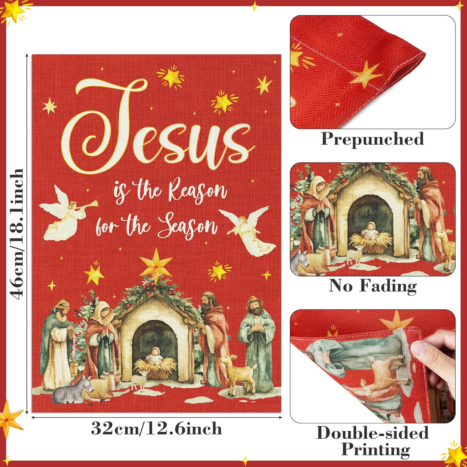 Jesus Is The Reason For The Season Red Garden Flag - Christmas Nativity Linen Flag Religion Vertical Double Sided Burlap Banner Outdoor Decor Winter Farmhouse Lawn Yard Porch 18.1 x 12.6" - Image 2