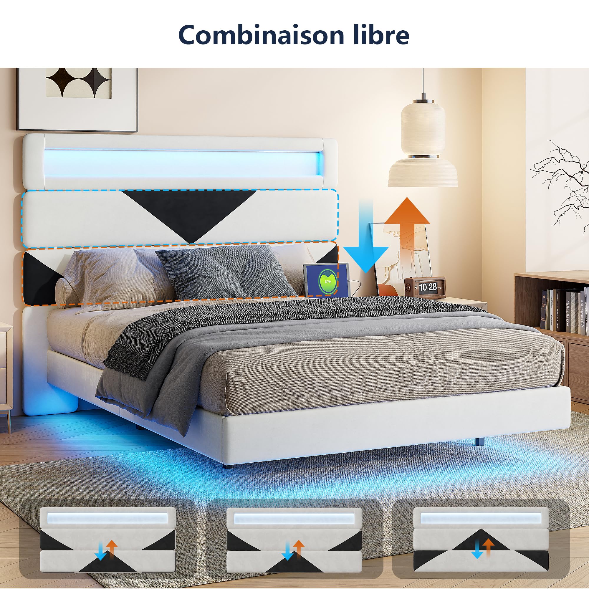 Letto matrimoniale 140 x 190, letto imbottito con illuminazione LED RGB e ricarica USB, telaio letto galleggiante con testiera modulare, con rete a doghe (beige+nero, 140 x 190 cm)