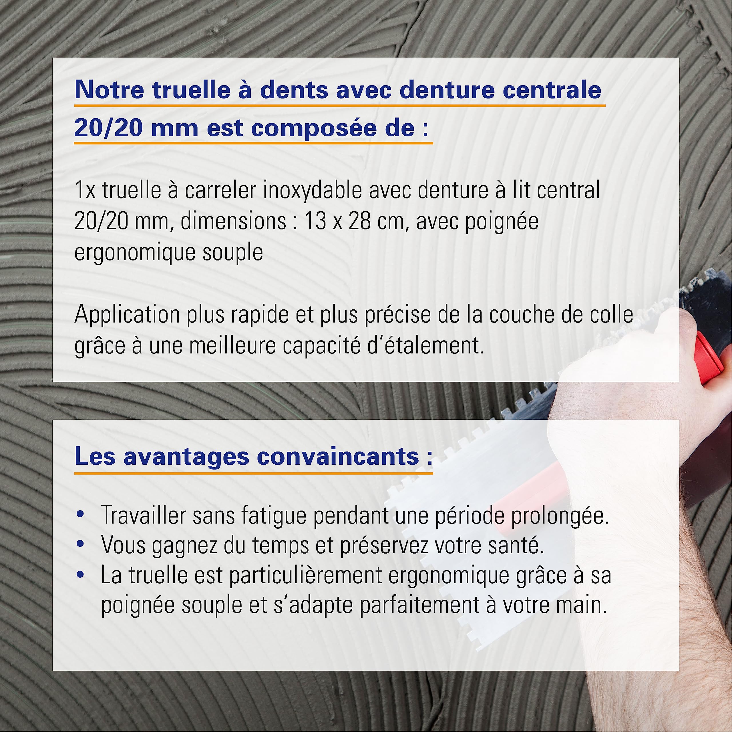 Karl Dahm Truelle Dentée Softgrip Inoxydable Demi-Lune 20/20mm Manche Souple Ergonomique pour Collage Facile