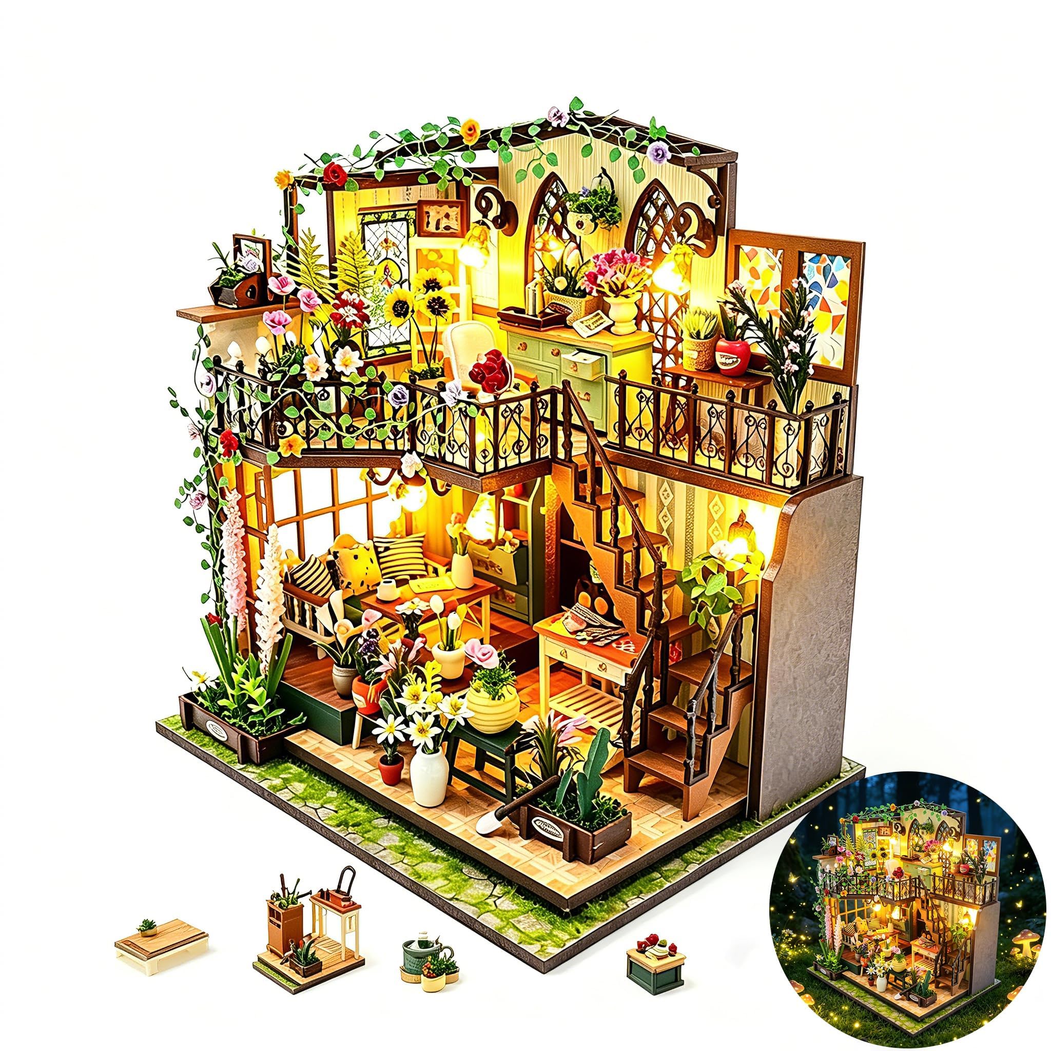 Maison Miniature de Poupée Boutique de Fleurs Kit Bois DIY avec Lumière LED Book Nook Décoration Bibliothèque pour Passionnés de Miniatures Adultes Cadeau Anniversaire